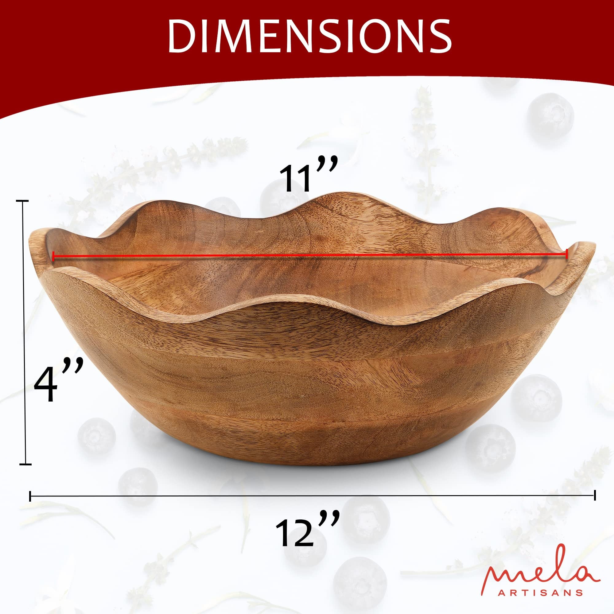 Mela Artisans Wooden Scalloped Bowl, Rustic Ruffle Decorative Bowl, Brown, Large