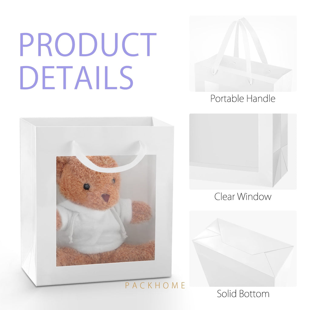 PACKHOME 12pcs White Gift Bags with Window, 10x4.5x11 inches Gift Bags with Handles for Valentine