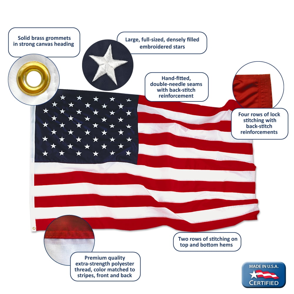 American Flag, 3' x 5', Nylon SolarGuard Nyl-Glo with Sewn Stripes, Embroidered Stars and Brass Grommets, Model# 2460