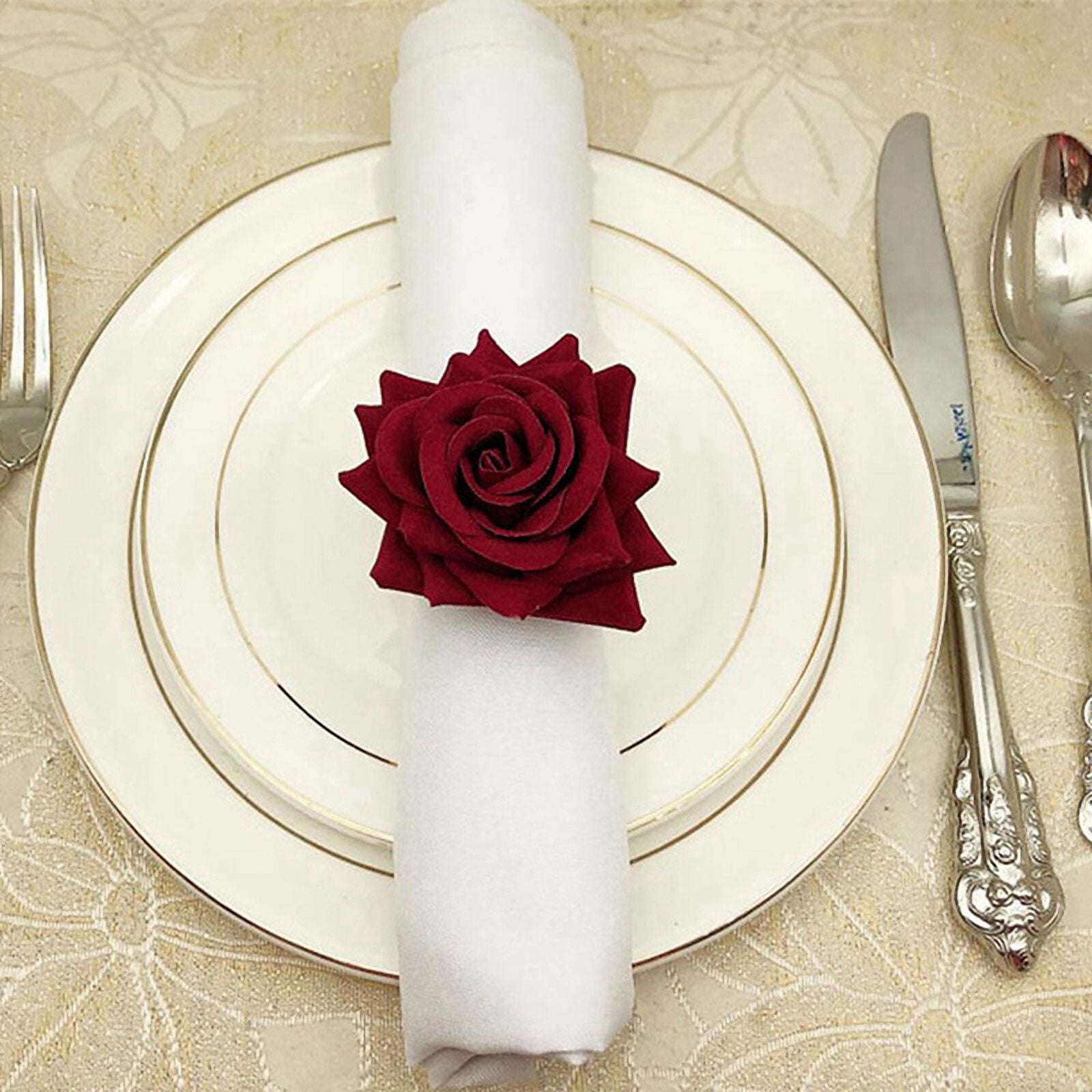 48 PCS Red Rose Shape Towel Buckle Napkin Ring Wedding 's Day Hotel Table Decor Metal Gold Napkin Holder
