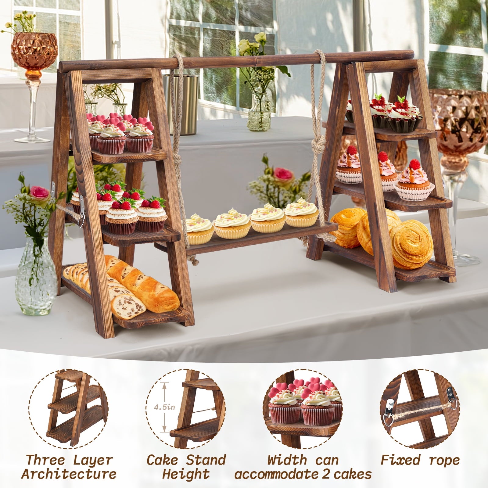 Ymokee Double 3 Tier Serving Tray, Wooden Cupcake Stand with Serving Platter, Dessert Table Display Set for Party Home Decor, Foldable