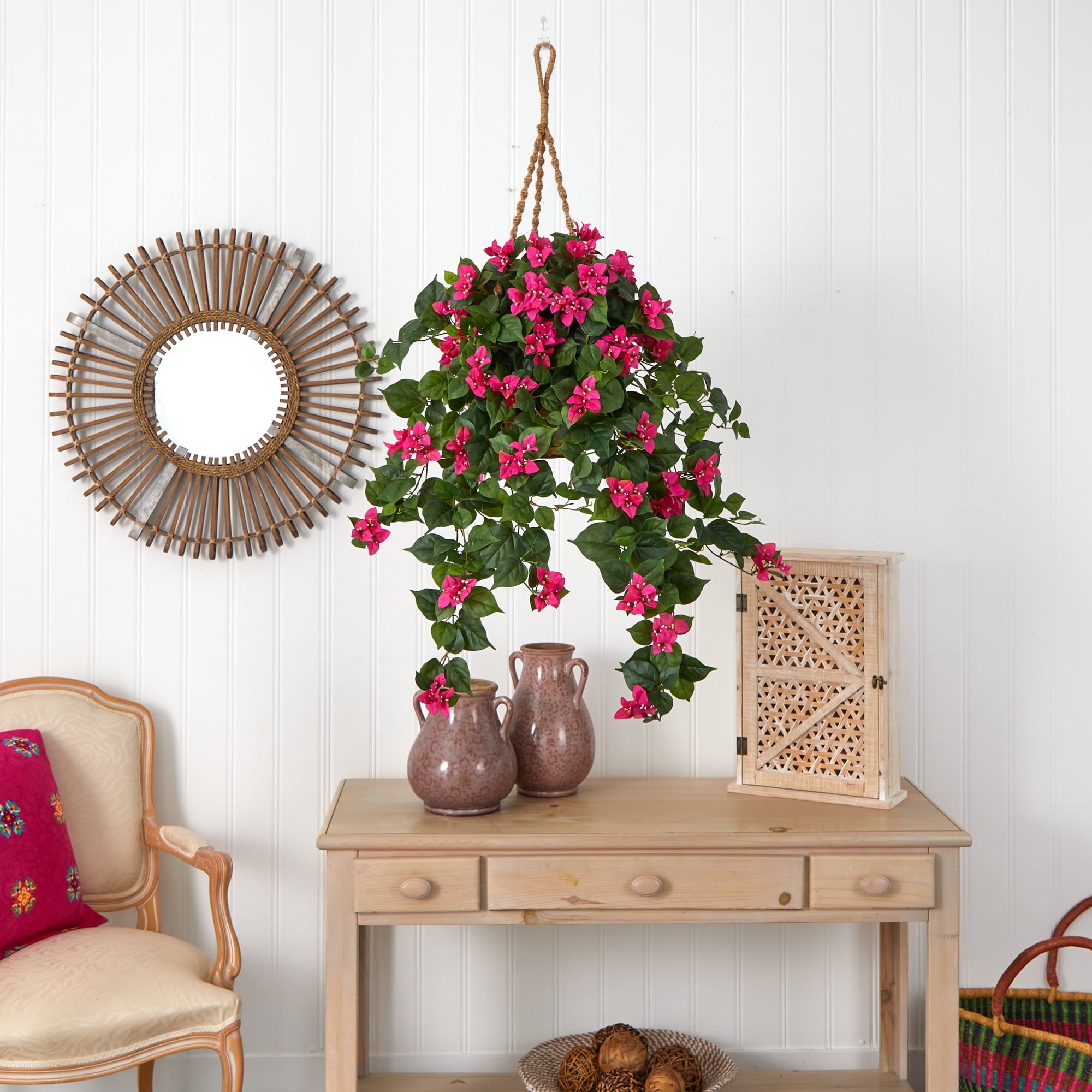 Nearly Natural Bougainvillea Silk Hanging Basket