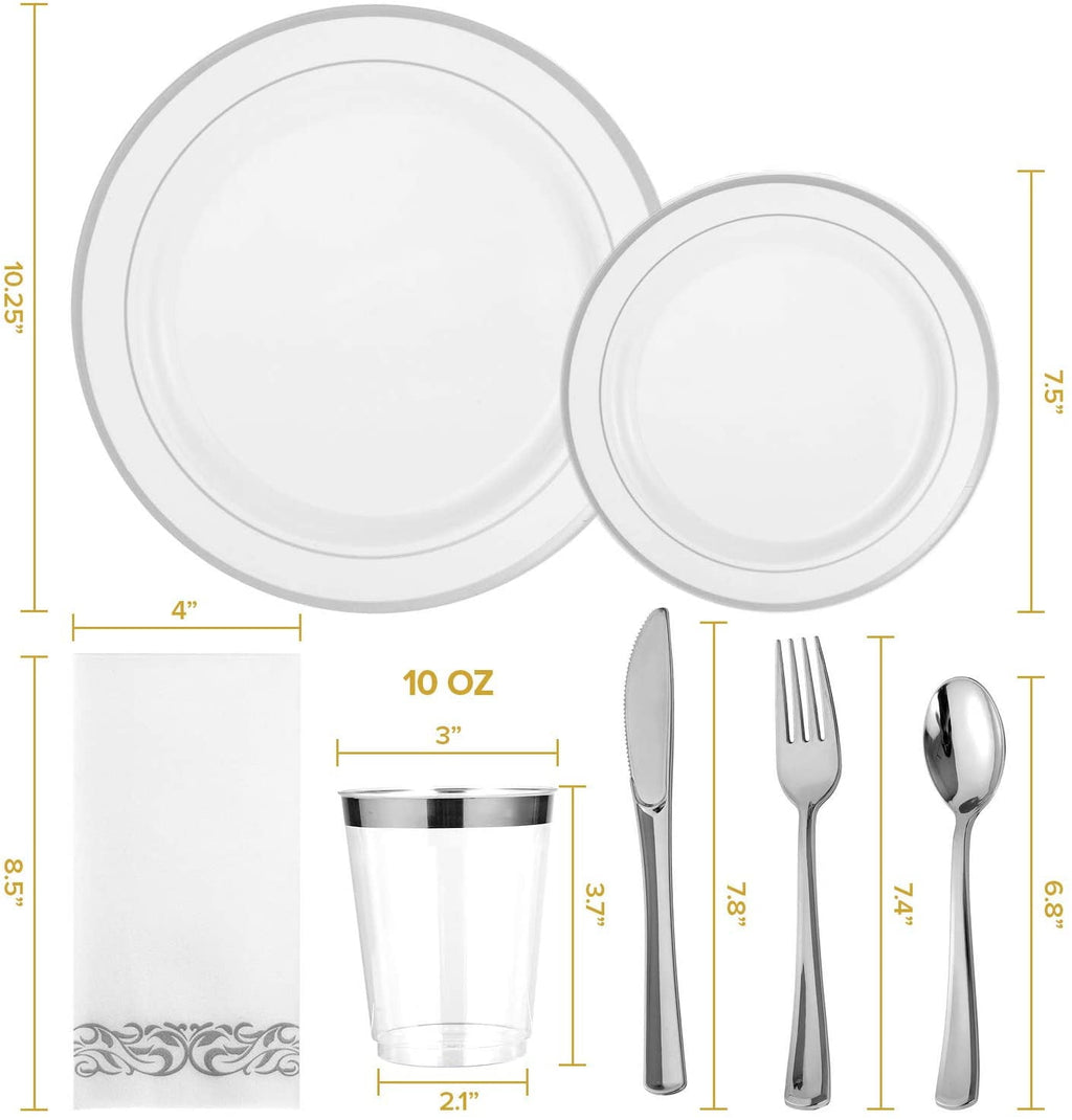 FOCUSLINE Silver Dinnerware Set, Heavy Duty Disposable Plastic Plates, 50 Plastic Plates-25 Plastic Silverware-25 Plastic Cups-25 Paper Napkins, 175 Pack