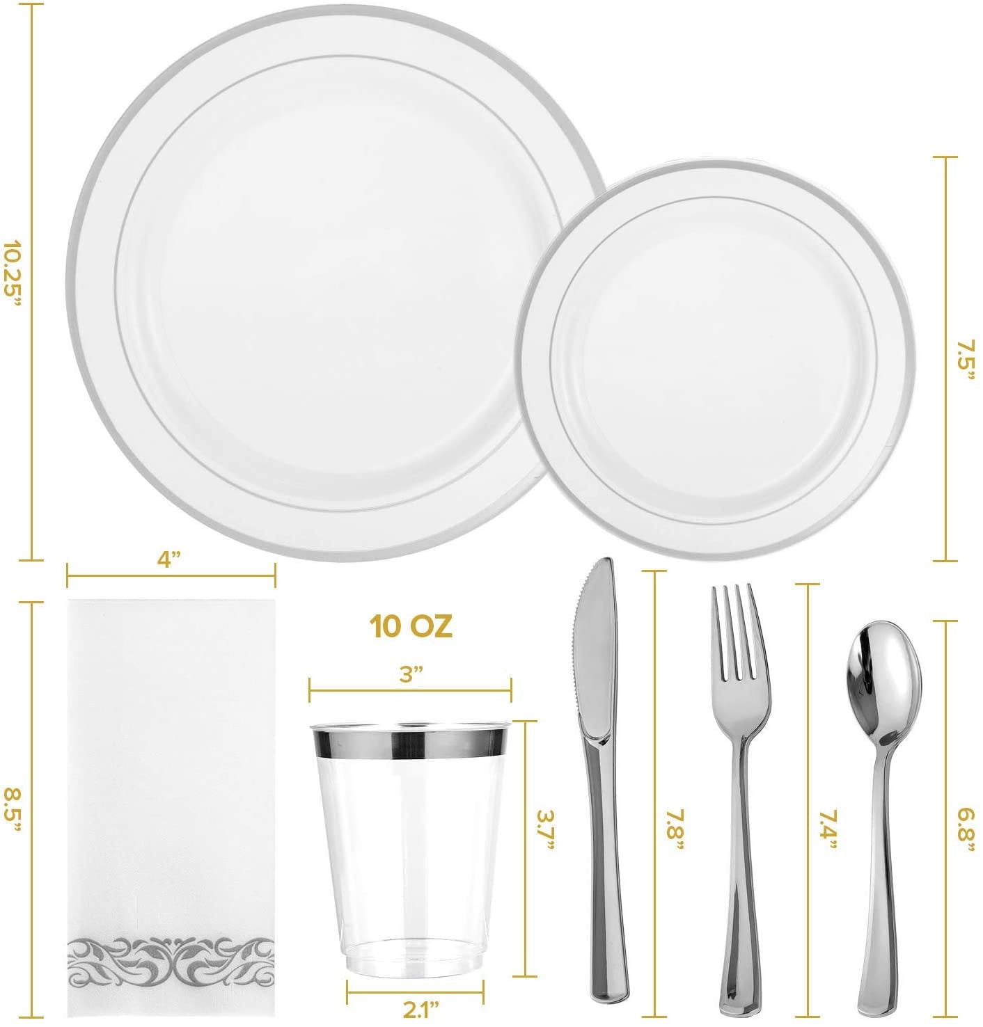 FOCUSLINE Silver Dinnerware Set, Heavy Duty Disposable Plastic Plates, 50 Plastic Plates-25 Plastic Silverware-25 Plastic Cups-25 Paper Napkins, 175 Pack