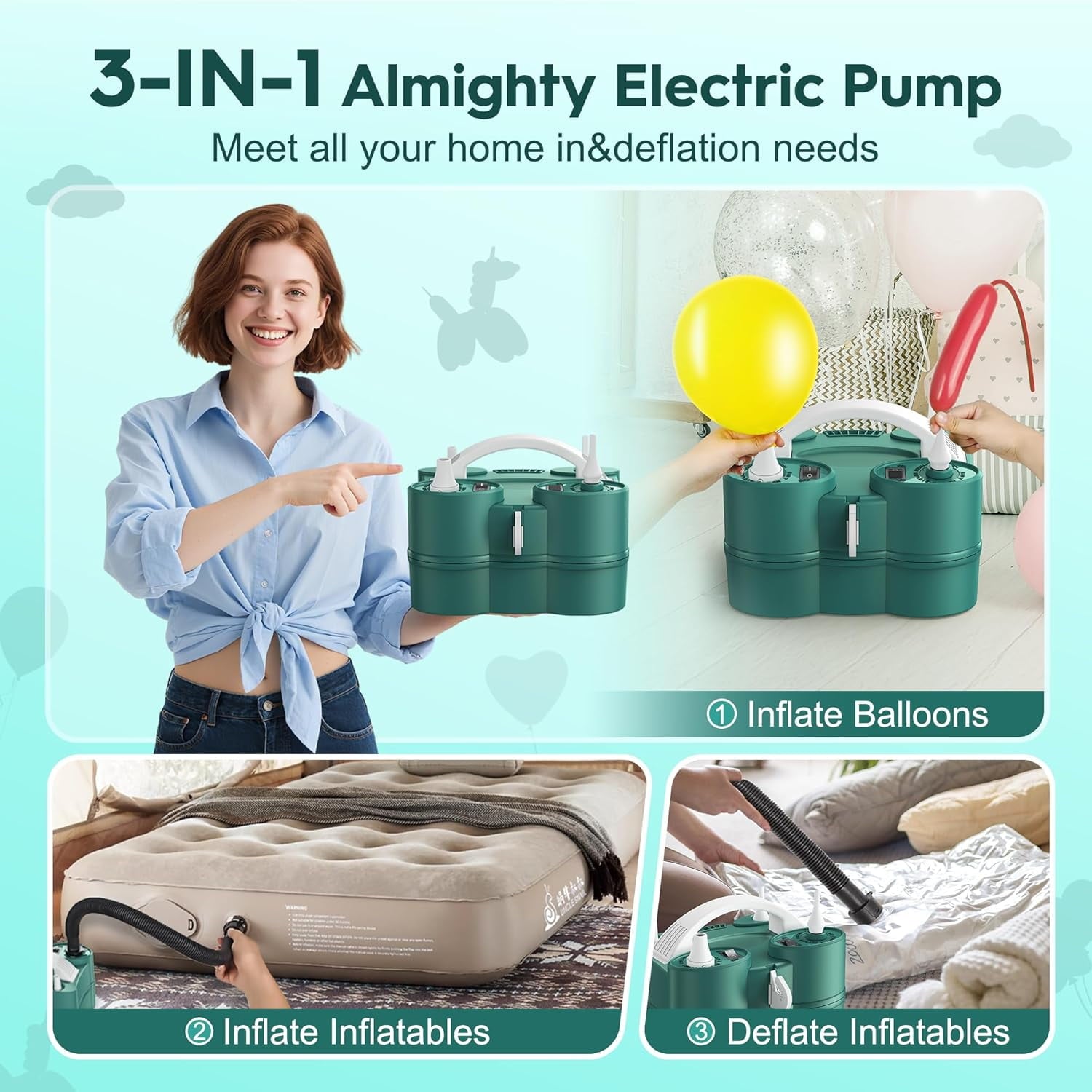 Balloon Pump, Unbranded 3-in-1 Air Pump for Inflatables and Balloons, Electric Balloon Pump for Latex 260q Foil Balloons, Quick-Fill 110V AC Inflator Deflator for Pool Floats Air Mattress Inflatables