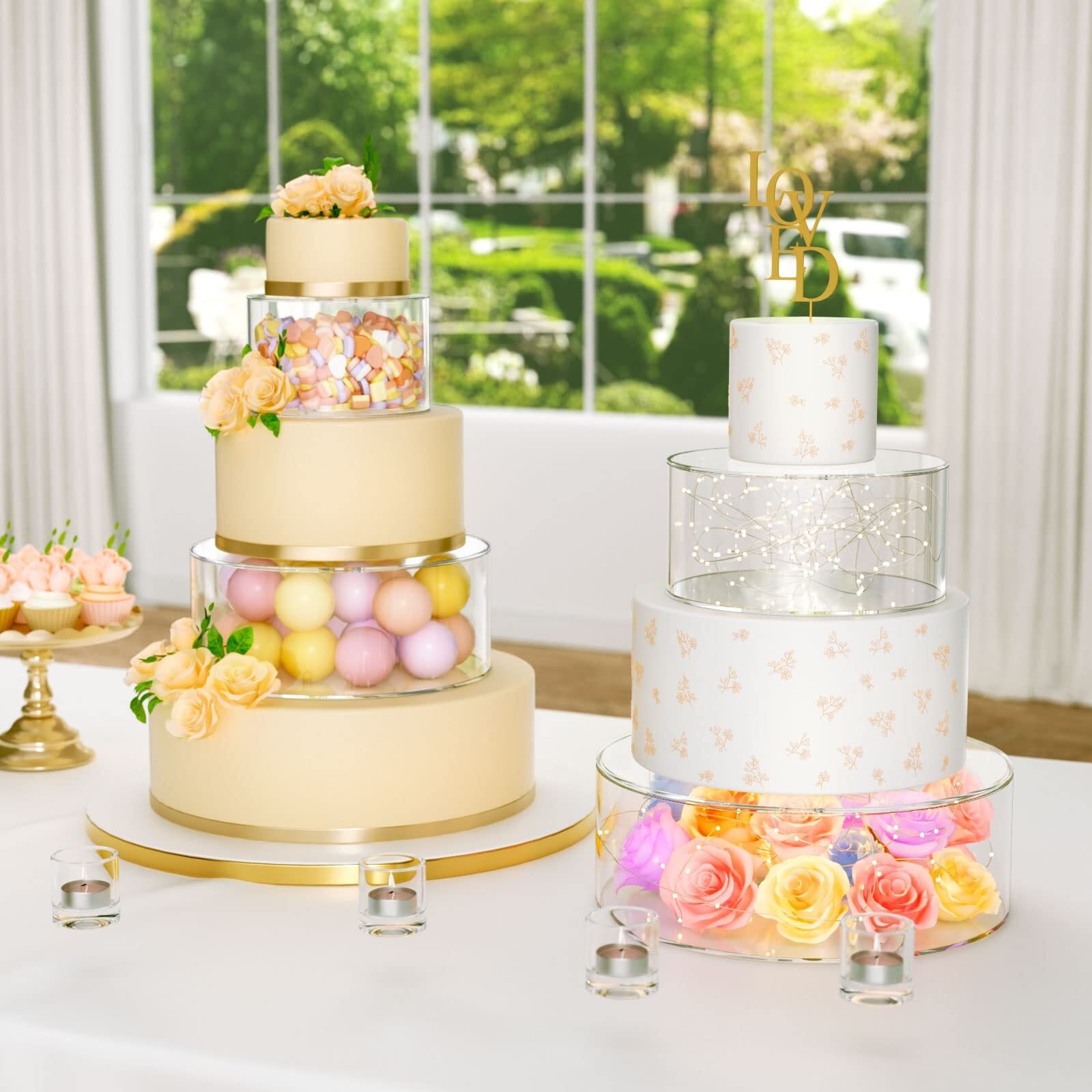 NIUBEE Cake Stand for Wedding 2 Tier Cake Stand with Lid,Clear Acrylic Fillable Cake Holders, Baby Shower Cake Birthday Cake Display with 2M LED Lights