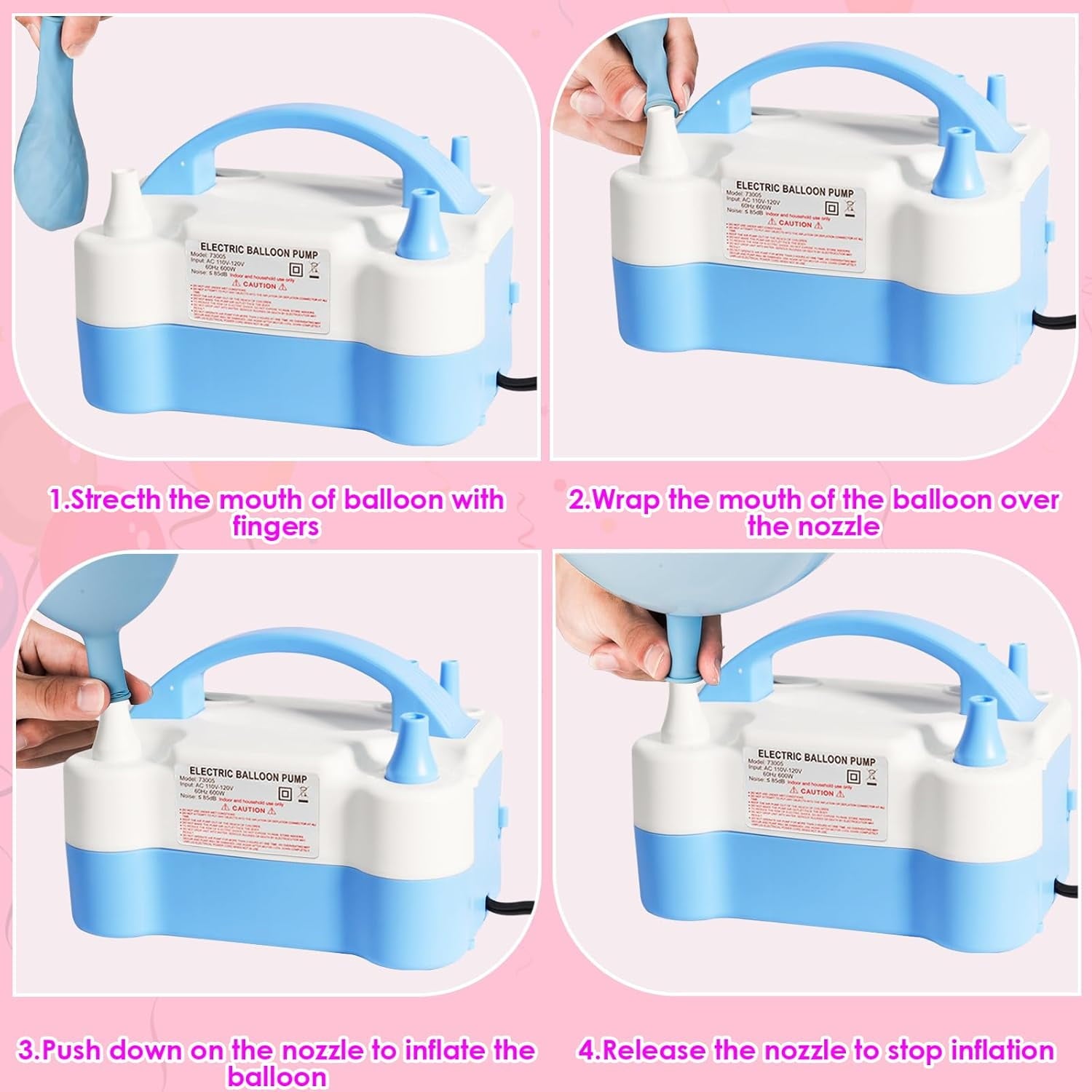 Balloon Pump Electric, Portable Automatic Dual Nozzle Inflator 110V 600W with Tying Tools for Birthday Gender Reveal Baby Shower Balloons Party Decorations