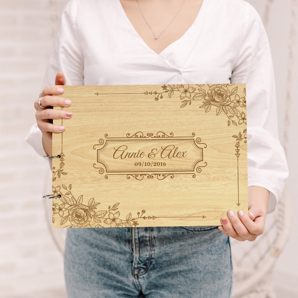 Darling Souvenir Personalized Engraved Laser Cut Wedding Guest Book Wooden Cover Sign-in Book Registry Guestbook Scrapbook-H2