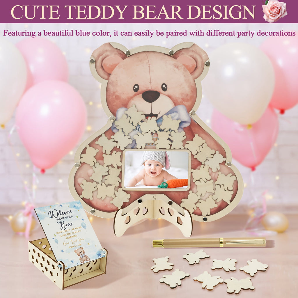 Baby Shower Guest Book Solid Practical Wood Slices Guest Book with Photo Frame Cute Baby Shower Sign in Guestbook Reliable Reusable Guestbook Signature Book for Party