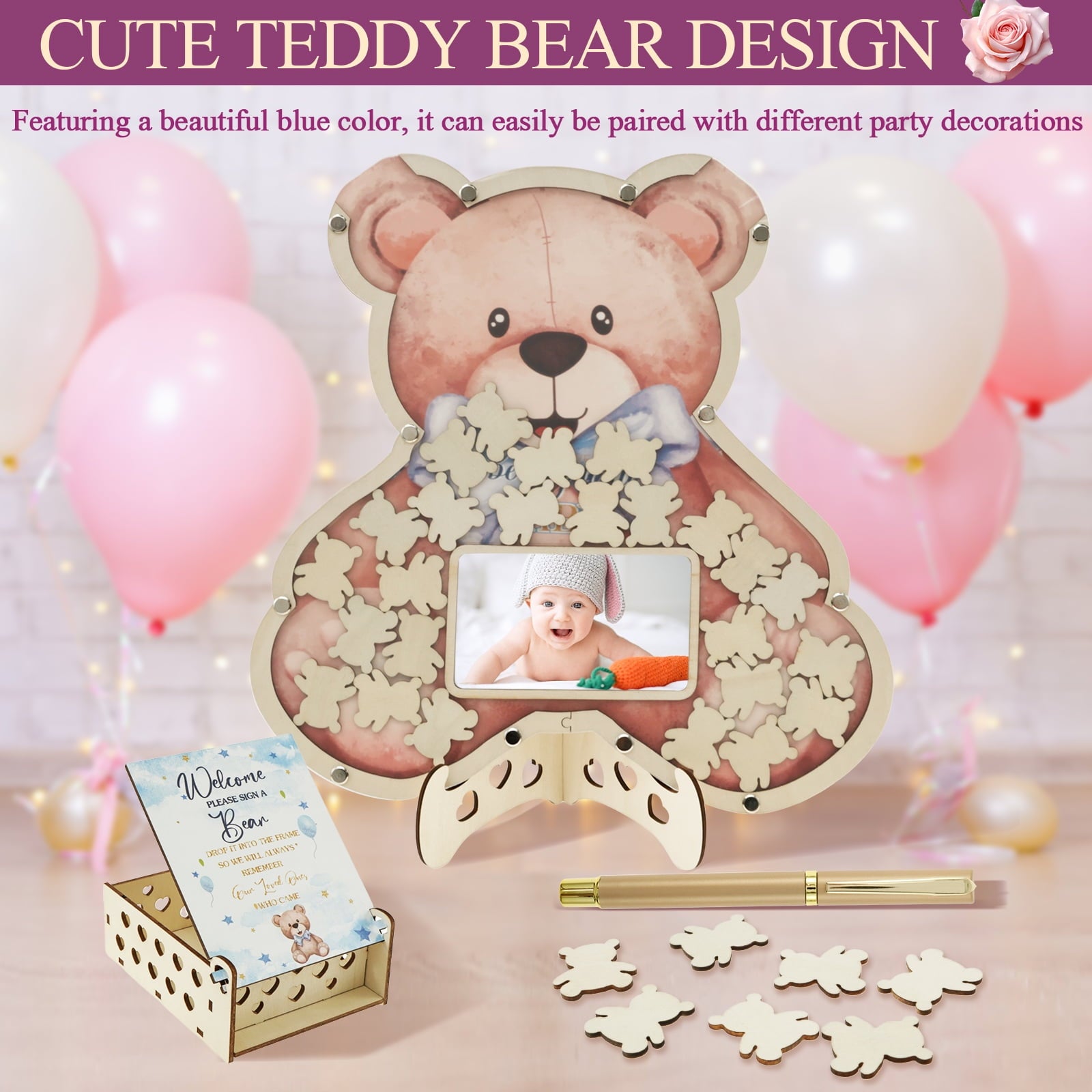 Baby Shower Guest Book Solid Practical Wood Slices Guest Book with Photo Frame Cute Baby Shower Sign in Guestbook Reliable Reusable Guestbook Signature Book for Party