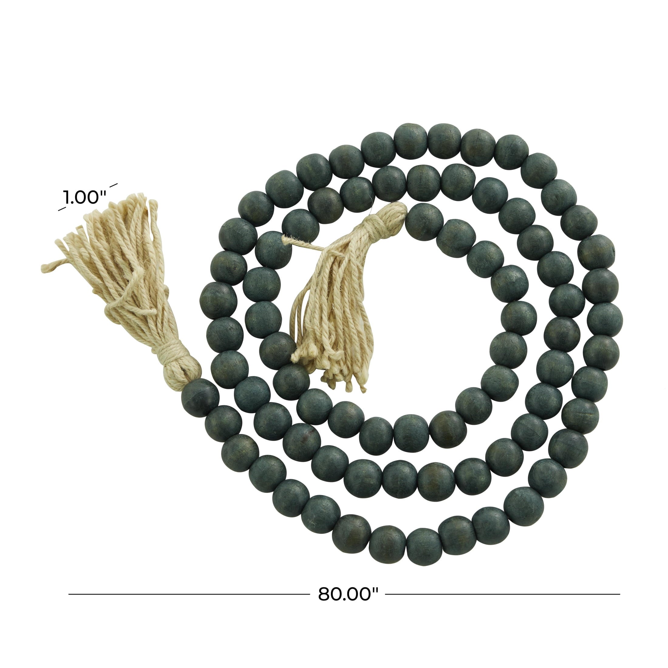 DecMode Green Wood Bohemian Garland Décor with Geometric Bead Details and Cream Cotton Tassel, 81"L