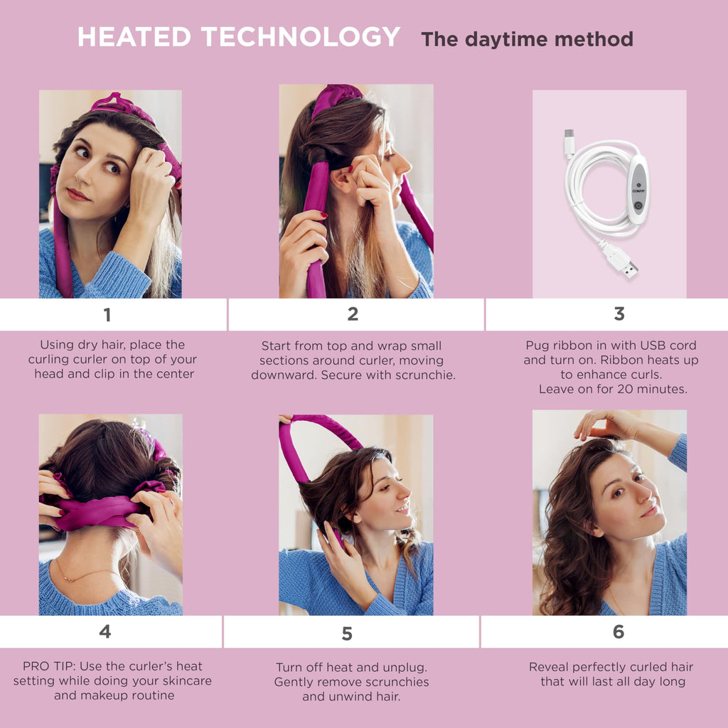 Conair 2-in-1 Heat & Heatless Hair Curler - Heat/Heatless Curling Set Includes Satin Curling Ribbon, Claw Clip, 2 Scrunchies, USB Cord, and Satin Pouch