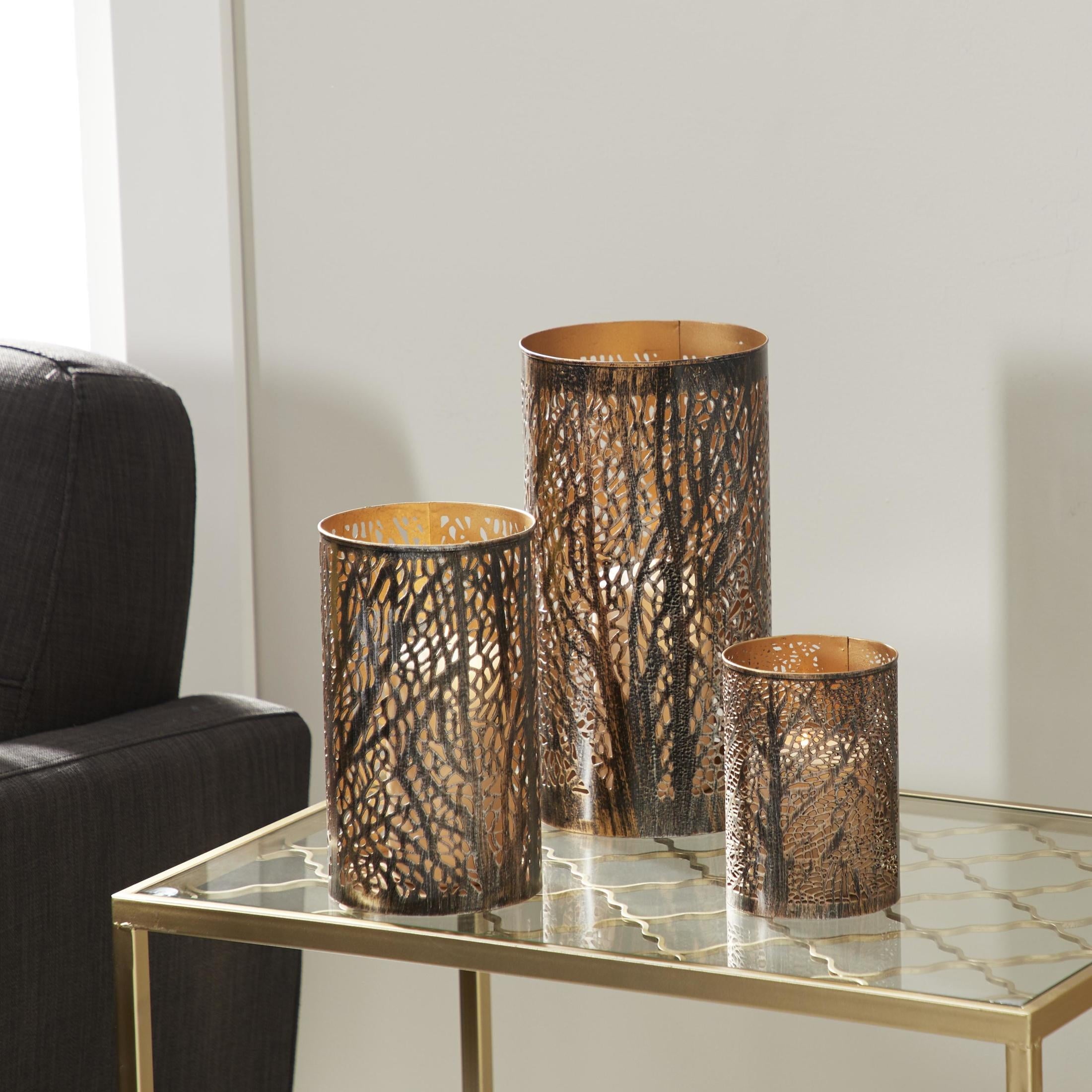 DecMode 3 Holder Bronze Metal Tree Branch Cutout Candle Lantern with Gold Interior, Set of 3
