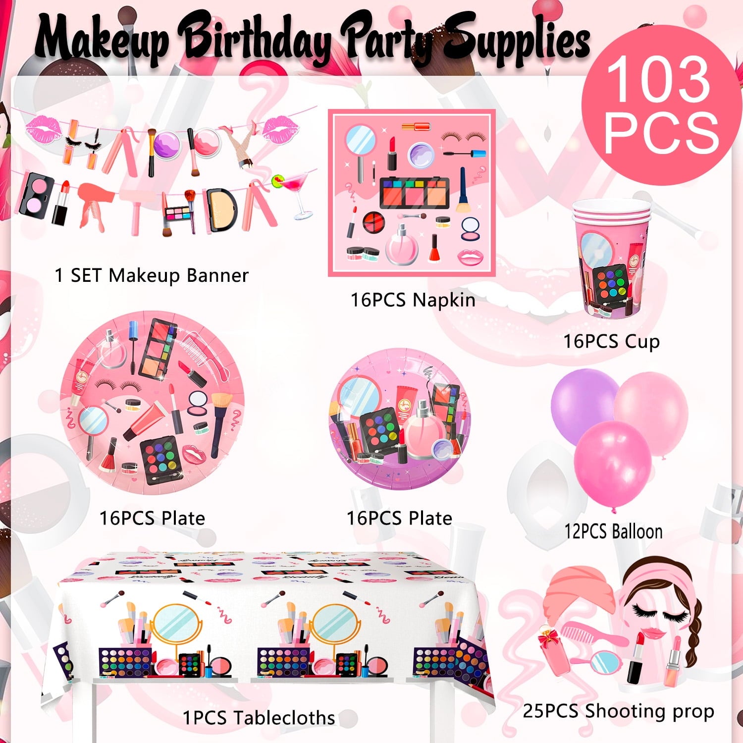 Makeup Birthday Party Supplies,Spa Party Decorations Set-Makeup Theme Party Decoration Plates Cups Napkins Banner Balloon Photo Booth Props etc Makeup Birthday Party Decorations for Girls Women