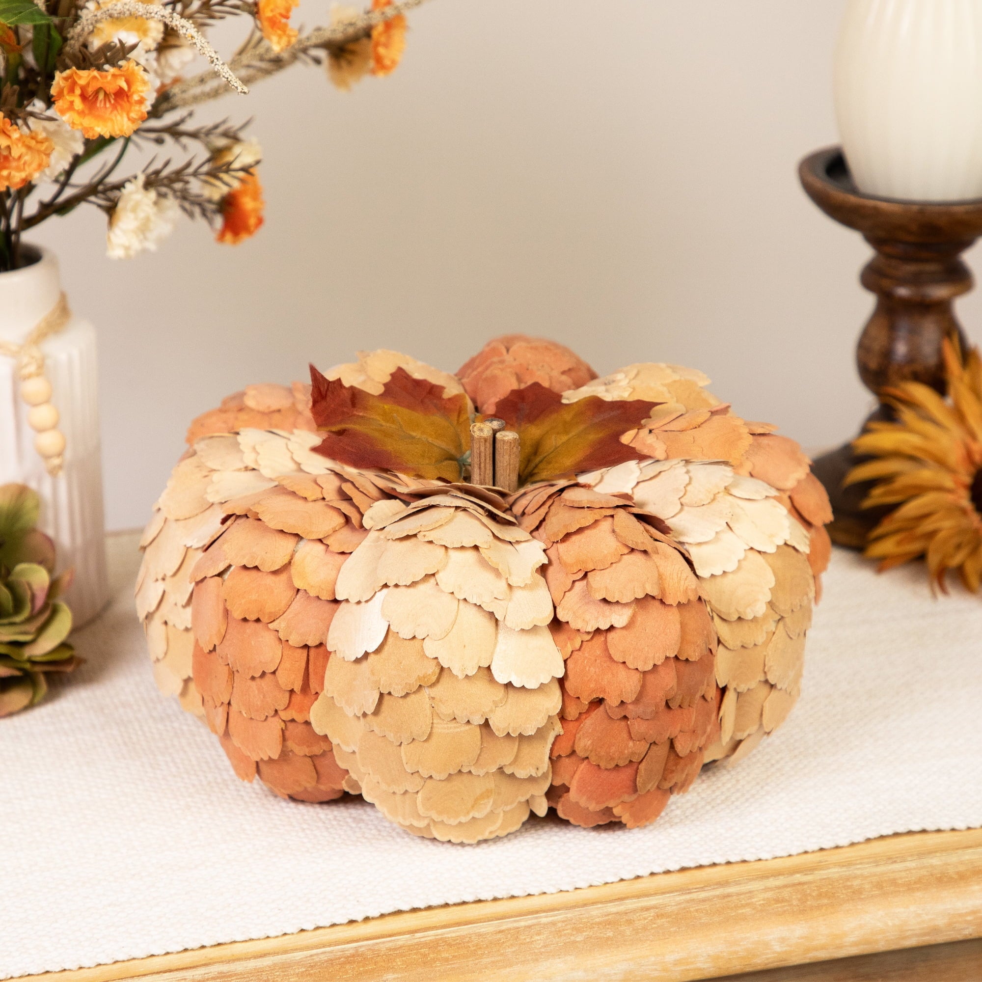 Northlight Fall Harvest Layered Wooden Leaves Pumpkin - 10" - Beige and Orange