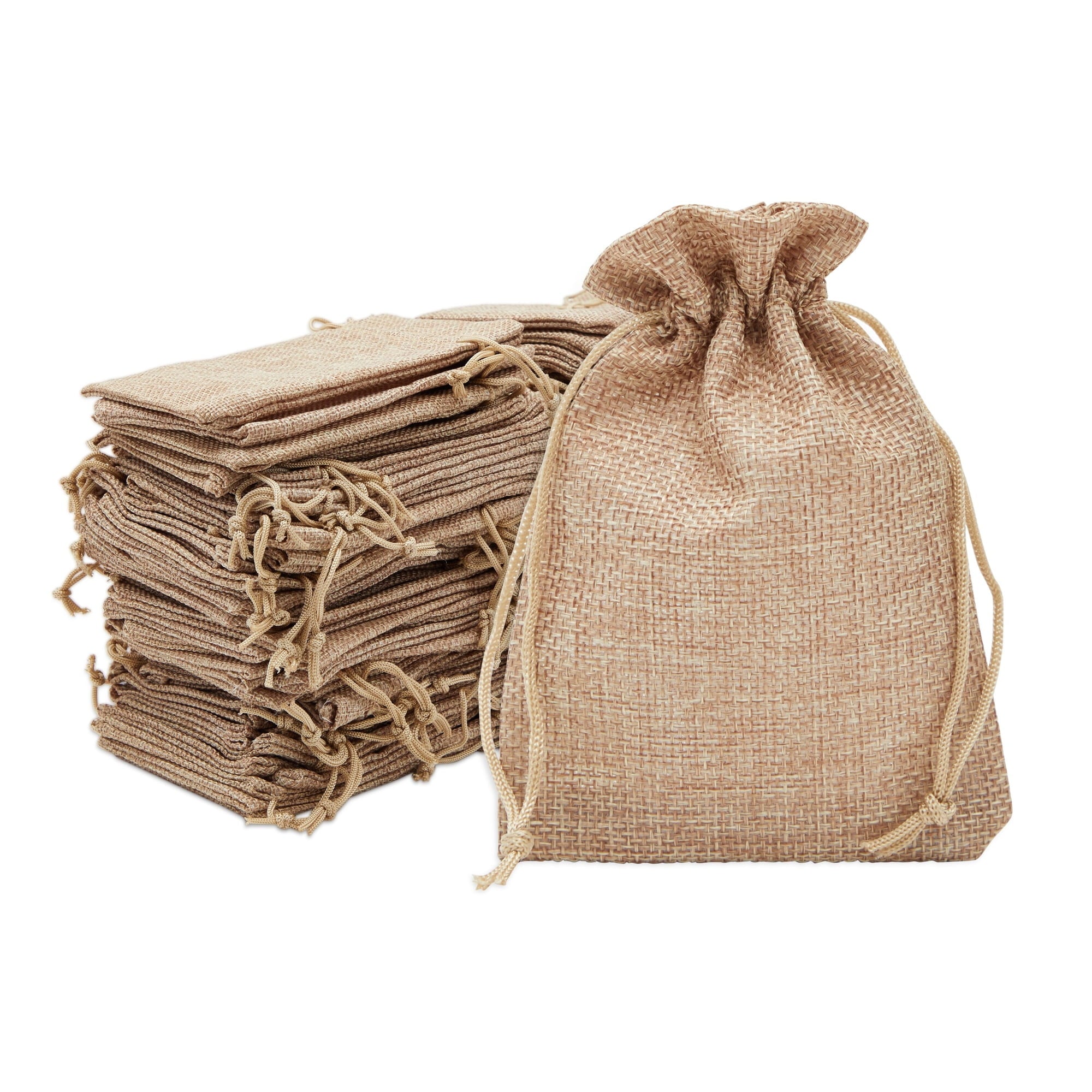 100 Pack Burlap Drawstring Pouch for Jewelry, Party Favors, Arts and Crafts, Natural Brown, 3.7 x 5.5 in