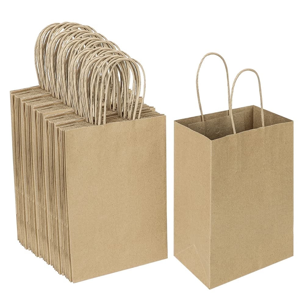100pcs 5.25x3.25x8.25 Inch Small Plain Natural Paper Gift Bags with Handles Bulk, Kraft Bags for Birthday Party Favors Grocery Retail Shopping Business Goody Craft Bags Cub (Brown 100 Count)