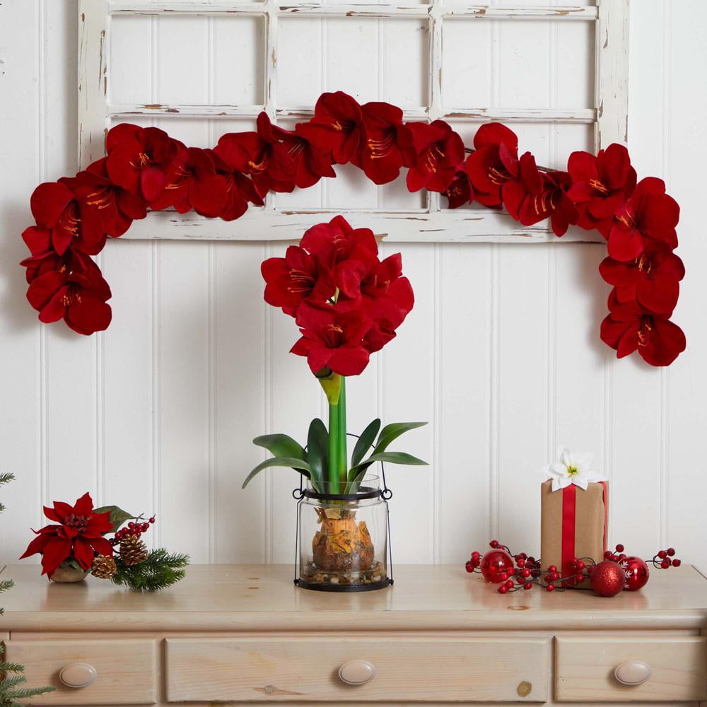 Nearly Natural Amaryllis Christmas Floral Garland, 60" (Red)