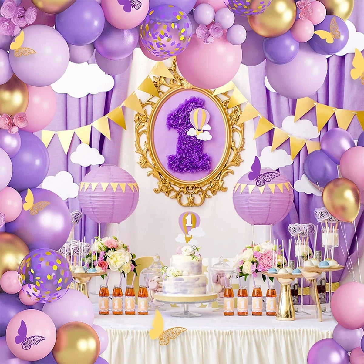 108PC Purple Powder Gold Feast! Balloon Butterfly Combination+Inflator, Full of Party Atmosphere, Full of Girl's Heart