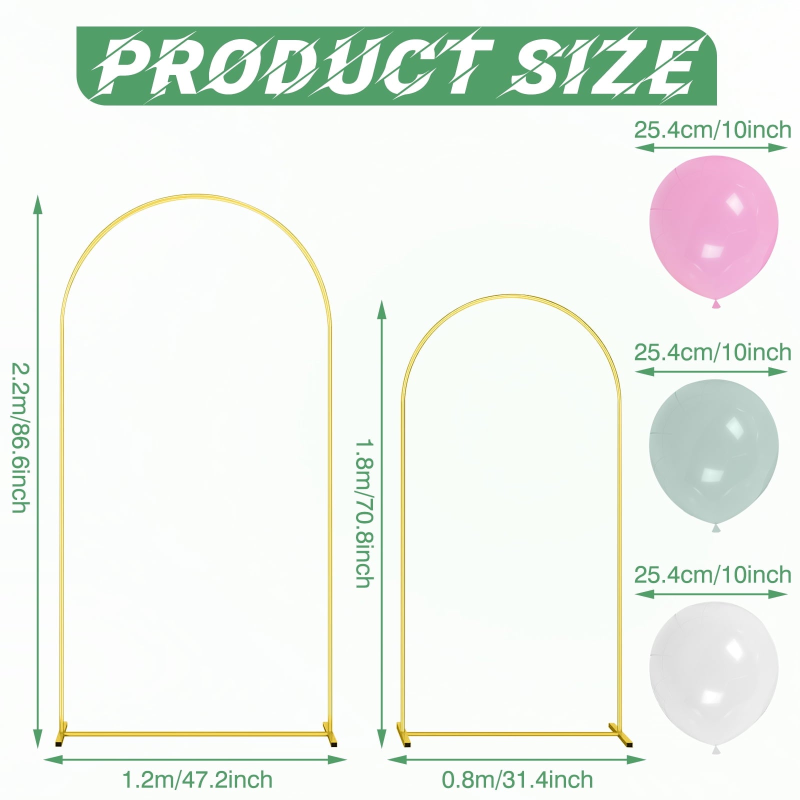 ZYNERY Set of 17 Gold Metal Arch Backdrop Stand, 7.2FT+6FT Wedding Arch Frame with 15 Balloon, for Wedding Birthday Party Baby Shower Graduation Ceremony Decor