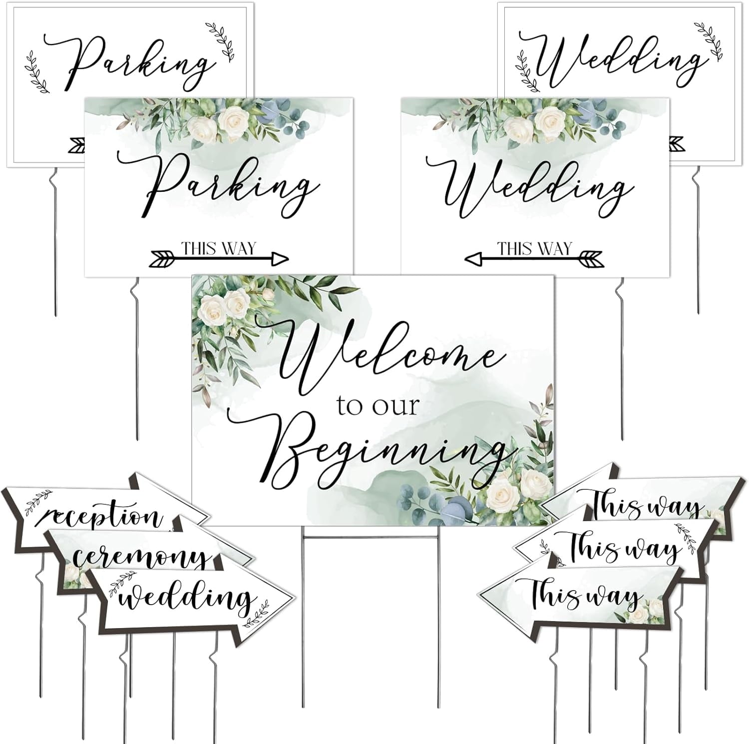 11Pcs Wedding Direction Arrow Signs, Welcome to Our Beginning Sign with H-Stakes 17×25 In, Double Sided Printed This Way Directional Ceremony Reception Parking Signs for Lawn/Yard Decorations White