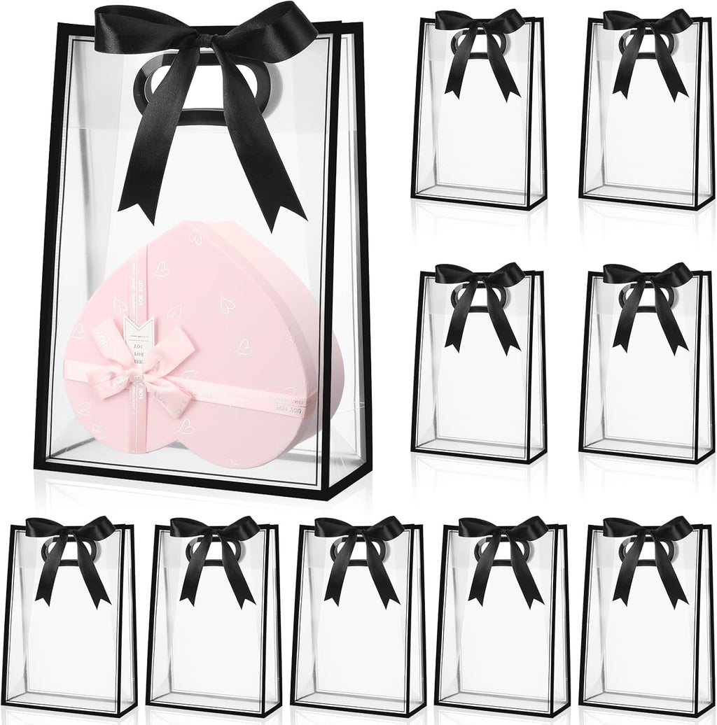 12 Pcs Clear Plastic Gift Bag with Die Cut Handles Reusable PP Favor Bag with Ribbon for Wedding Bridal Christmas Birthday Party Baby Shower Shopping Business, 7x10x3.15 Inch(Black)