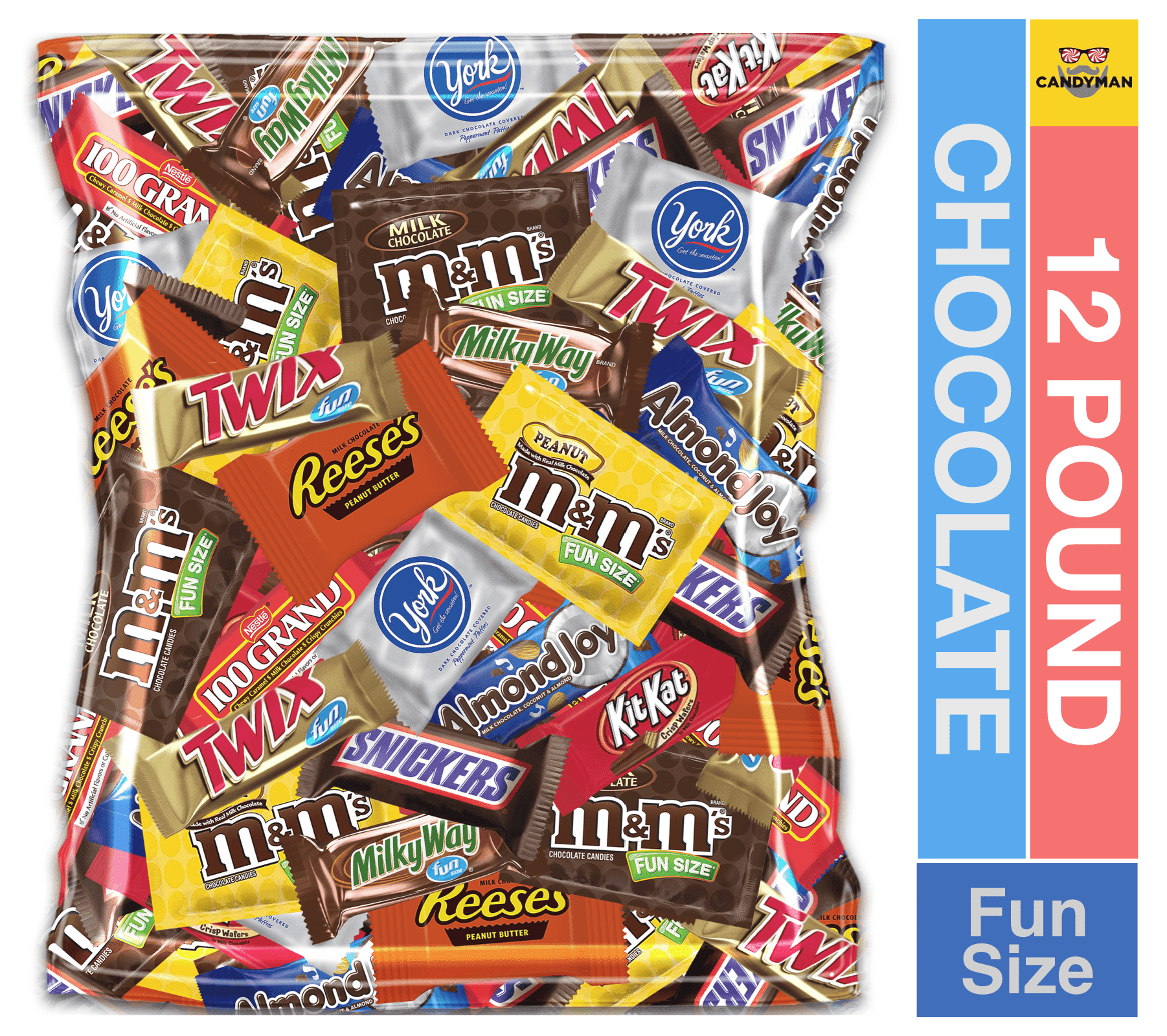 (12 Pound) Assortment Chocolate M&M's Peanut, M&M's Plain, Reese's, Snickers, Kit Kat,Twix, Milky Way, Almond Joy, 100 Grand, York Peppermint .