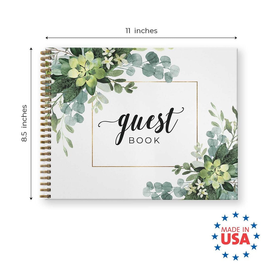 Hardcover Lush Greenery Wedding Guestbook / 120 Lined Guest Signature Pages Inside / 11" x 8.5" Landscape Lay Flat Event Guest Book/Gold Metal Spiral Binding