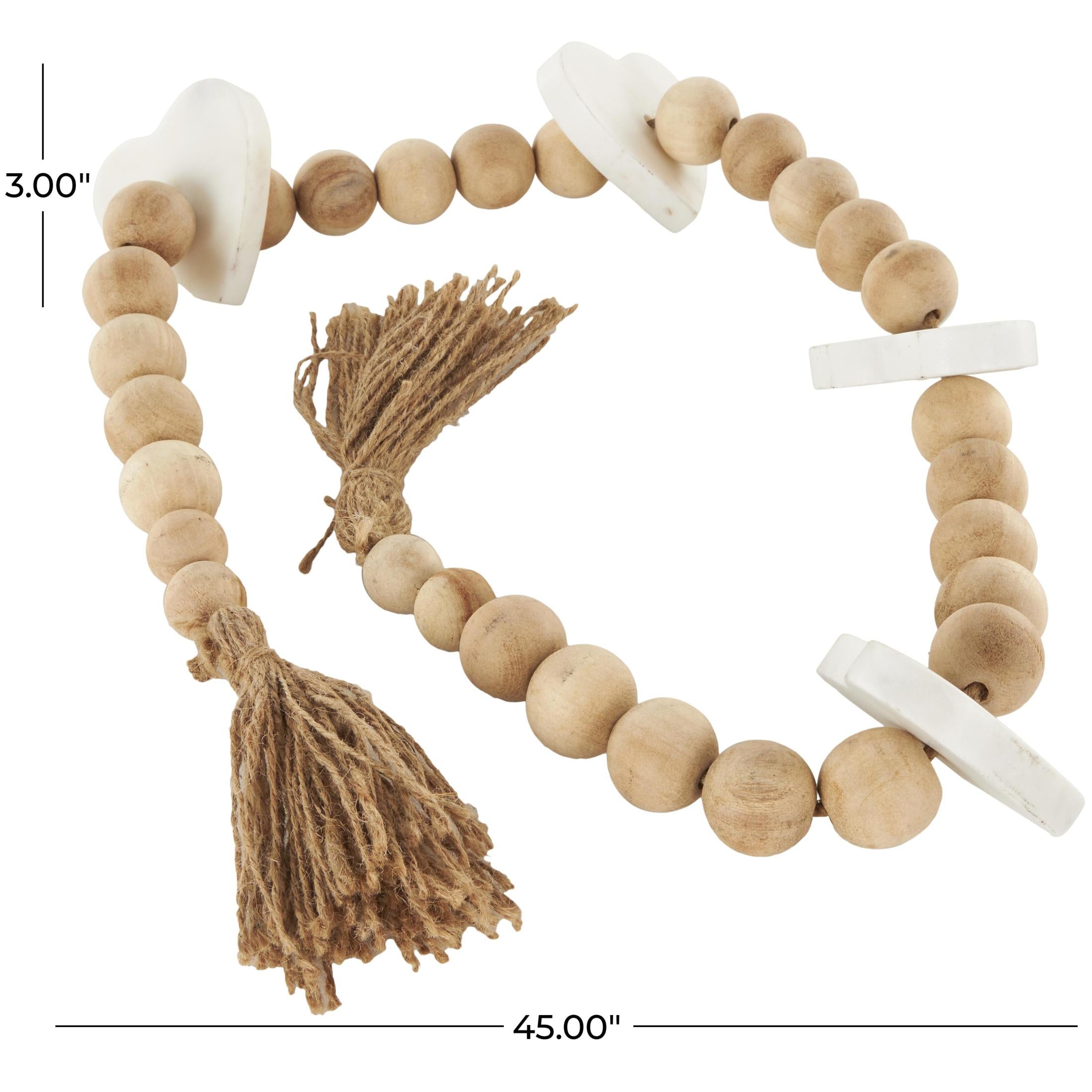 DecMode Handmade Light Brown Marble Heart Garland with Tassel with Knotted Brown Jute and White Accents