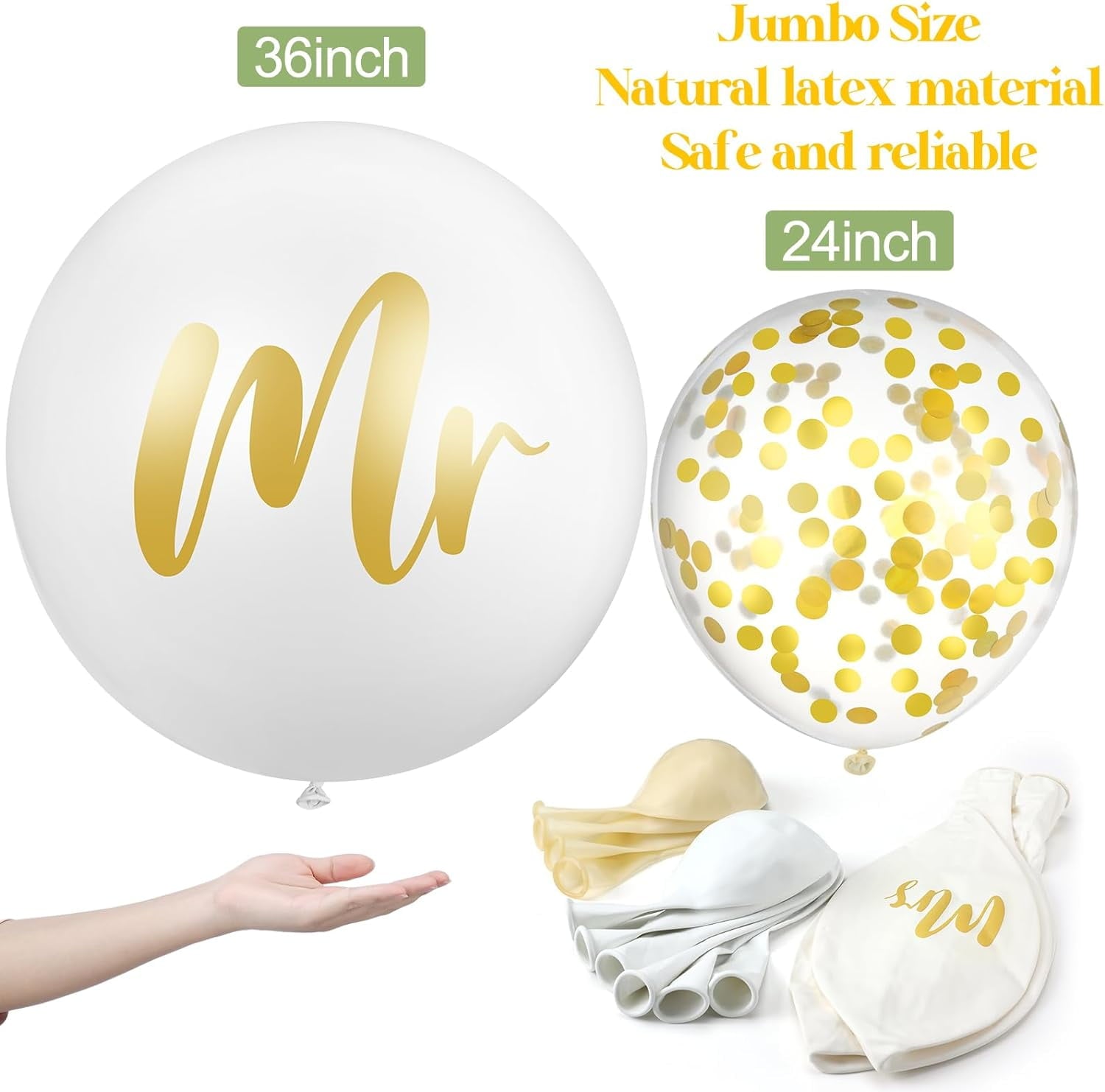 Zaoz 15 Pcs Giant Wedding Balloons Kit 36 Inch Jumbo White Balloons Mr. Mrs. Balloons with Paper Tassel 24 Inch White Large Balloons with 65ft Leaf Ribbon for Wedding Engagement A418