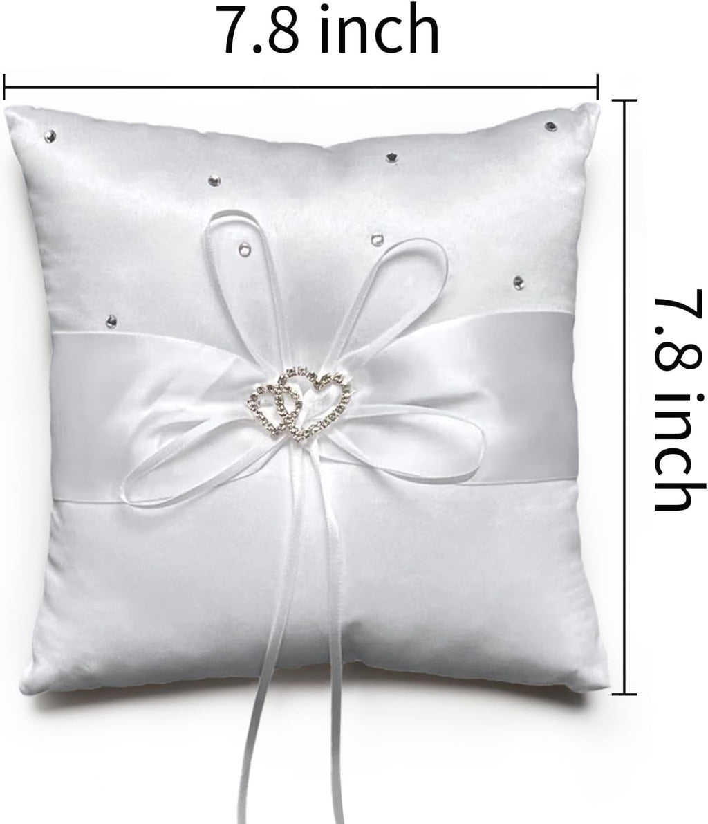 Ring Bearer Pillow, White Satin with Crystal Hearts Ring Cushion, Ring Holder Box, Rhinestone Accents for Beach Wedding Ceremony Proposal Party-7.8 x7.8 '' White Square B-7.8 x7.8 ''