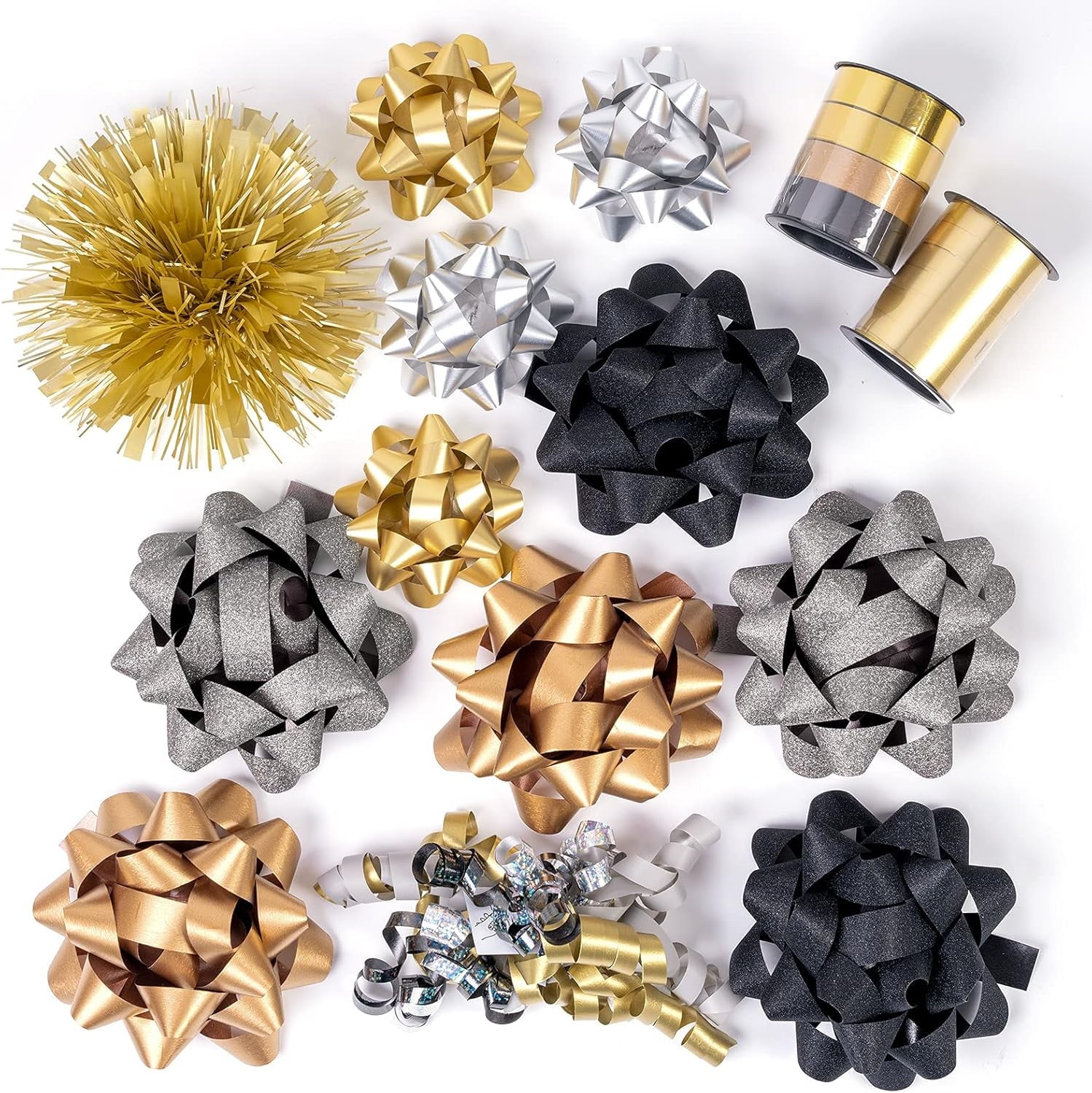 14 Pcs Gift Bows Assortment - 10 Multi Colored Assorted Size Gift Bows(Black, Gold, Silver, Old Gold), 2 Crimped Curling Ribbons, 1 Curly Bow, 1 Tinsel Bow for Christmas and New Year