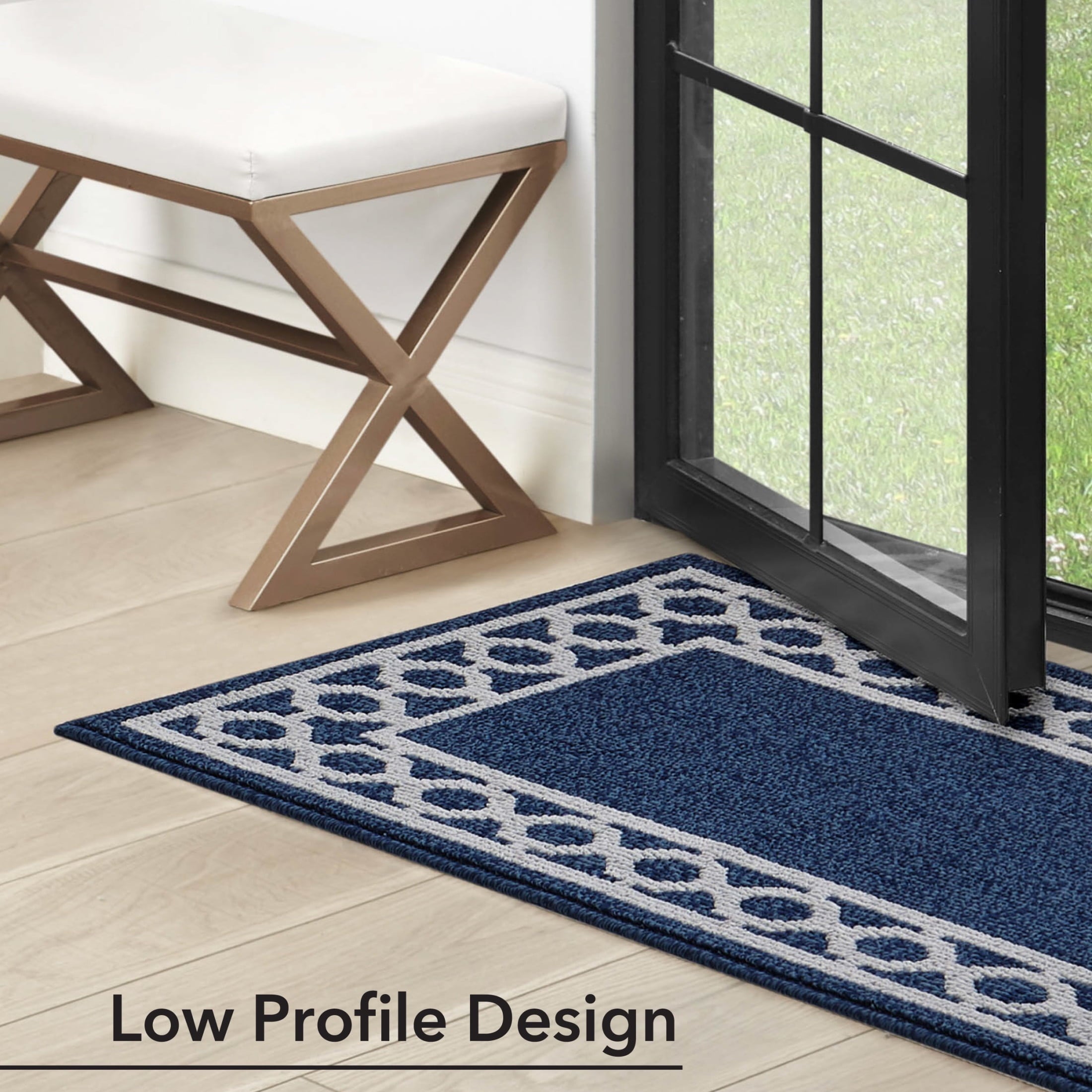 Washable Skid-Resistant Runner Rug, Trellis Border , Denim Twist and Light Grey , 26" x 45"