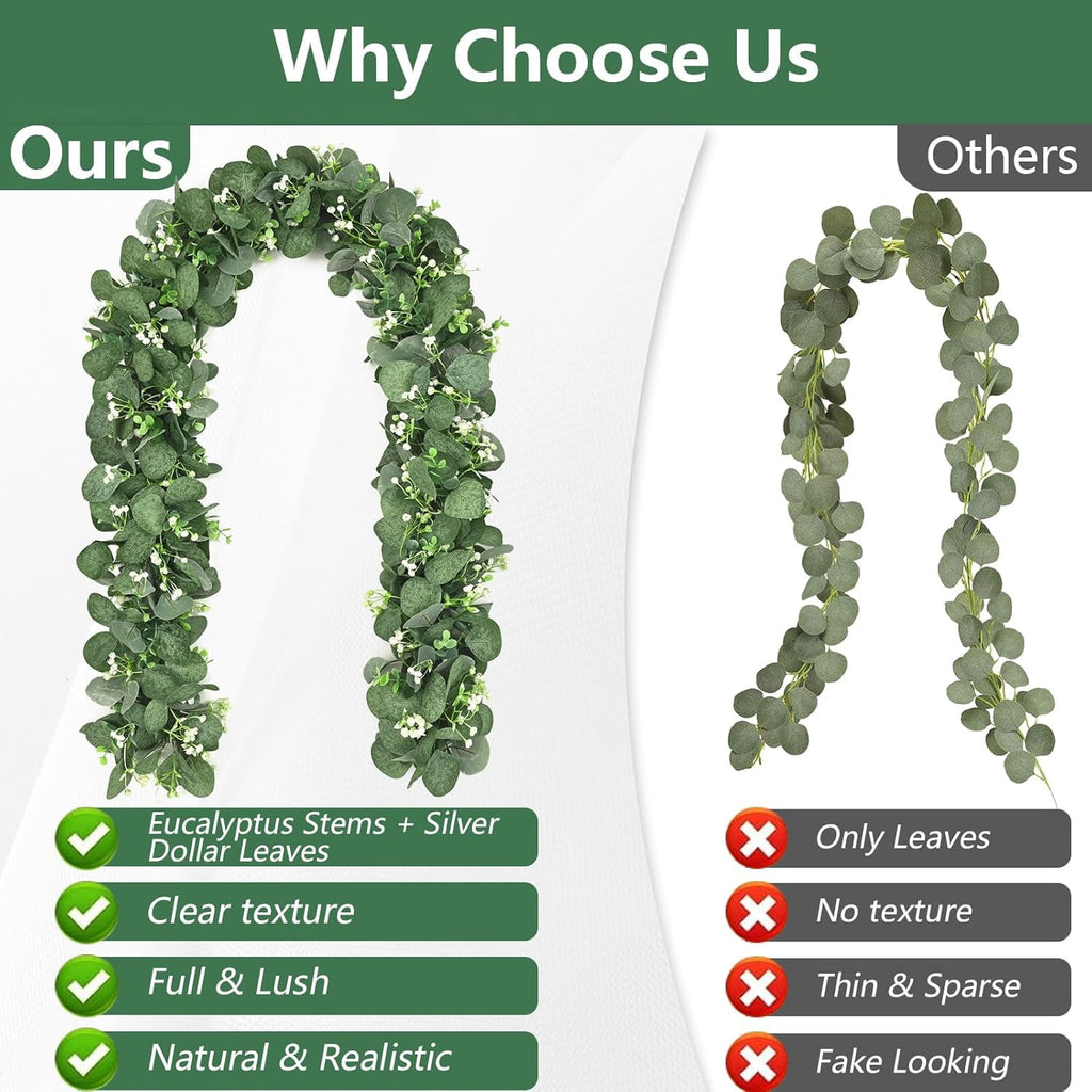 Waipfaru 4 Pack Eucalyptus Garland with Flowers,6FT Greenery Garland Decor,Artificial Eucalyptus Leaves Vines for Table Home Wedding Mantle Decoration