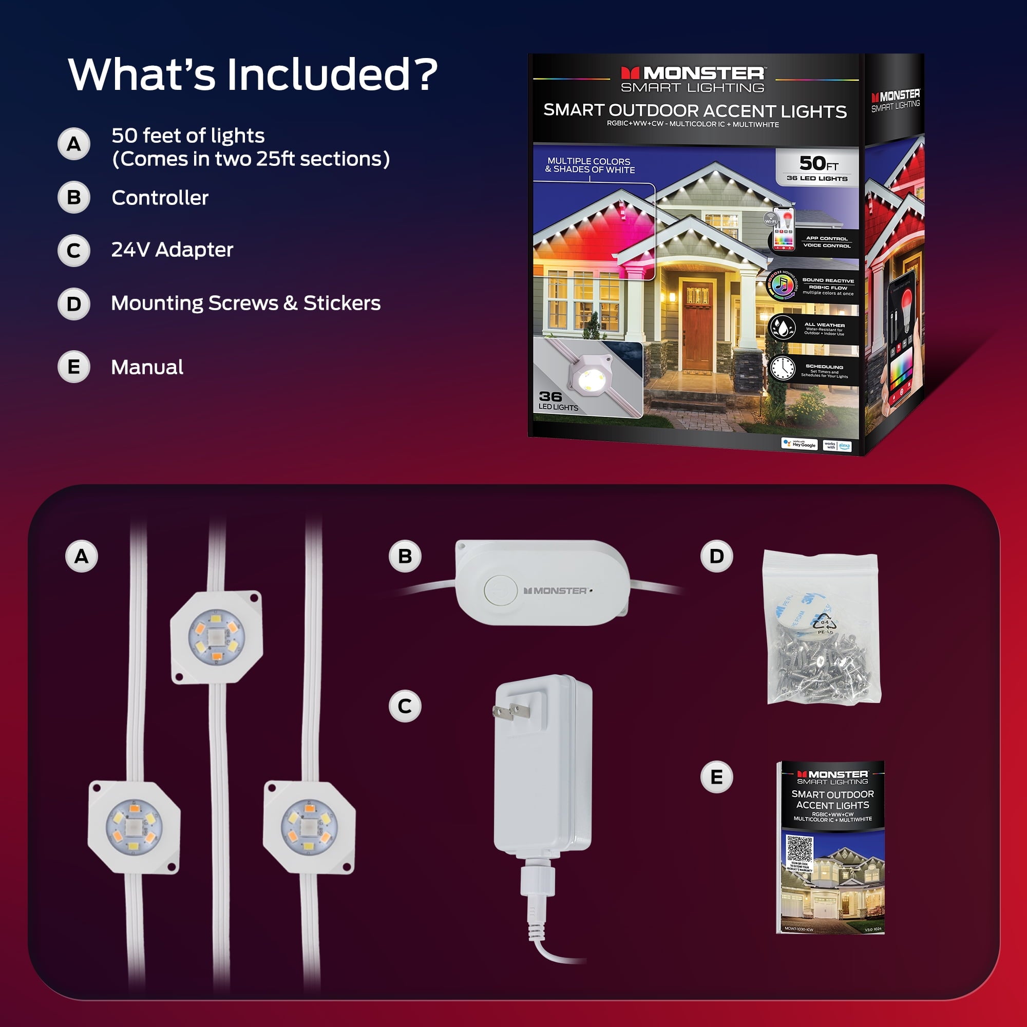 Monster Outdoor LED Smart Lights, RGBIC+ Multiwhite Permanent Outdoor Lights w/ Voice Control, 25ft