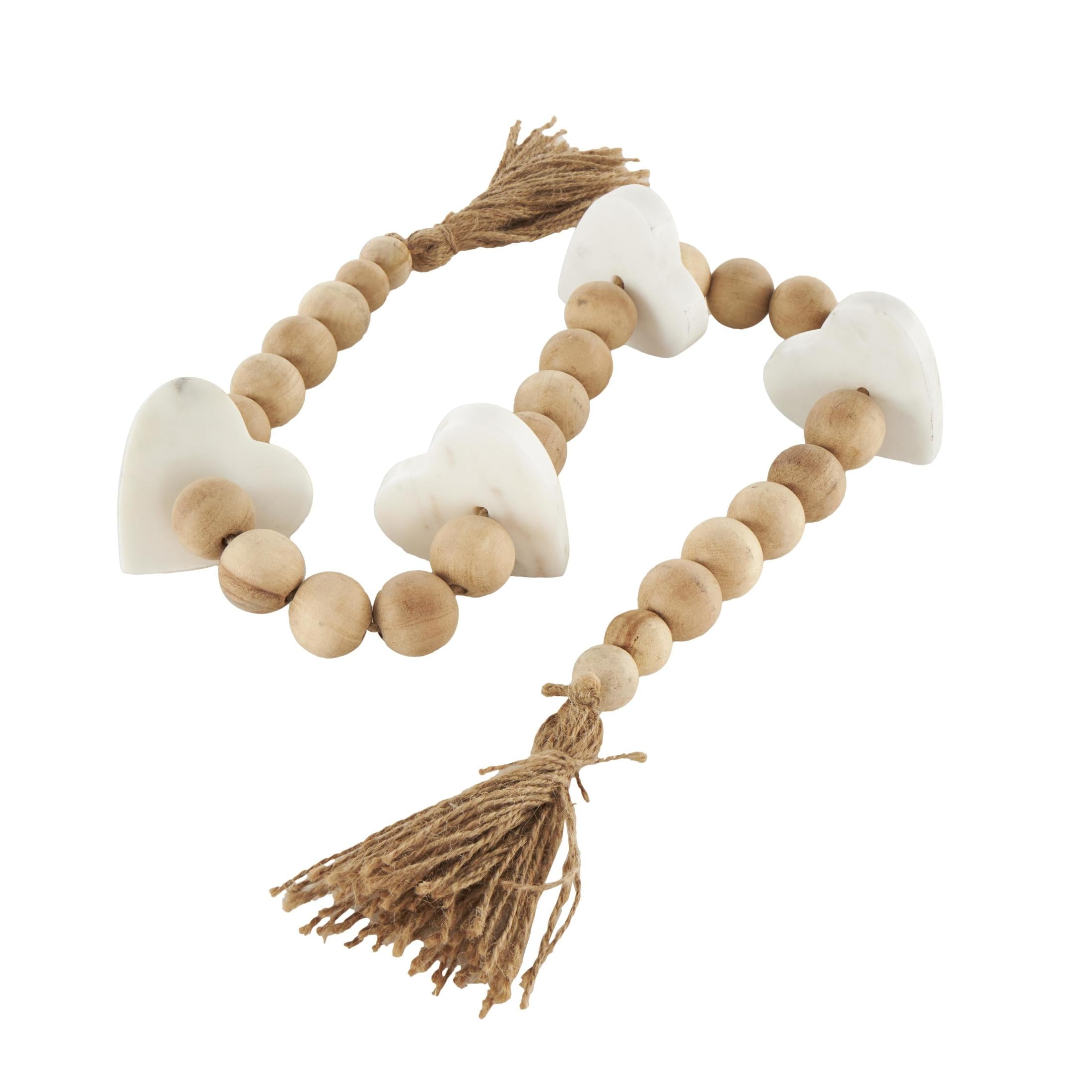 DecMode Handmade Light Brown Marble Heart Garland with Tassel with Knotted Brown Jute and White Accents