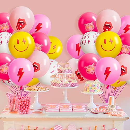 50Pcs Preppy Y2k Hot Pink Party Balloons Smile Face Lightning 12inch Latex Balloon with Ribbon Retro Decoration Supplies for Teen Girls Birthday Bachelorette Early 2000s Theme Party