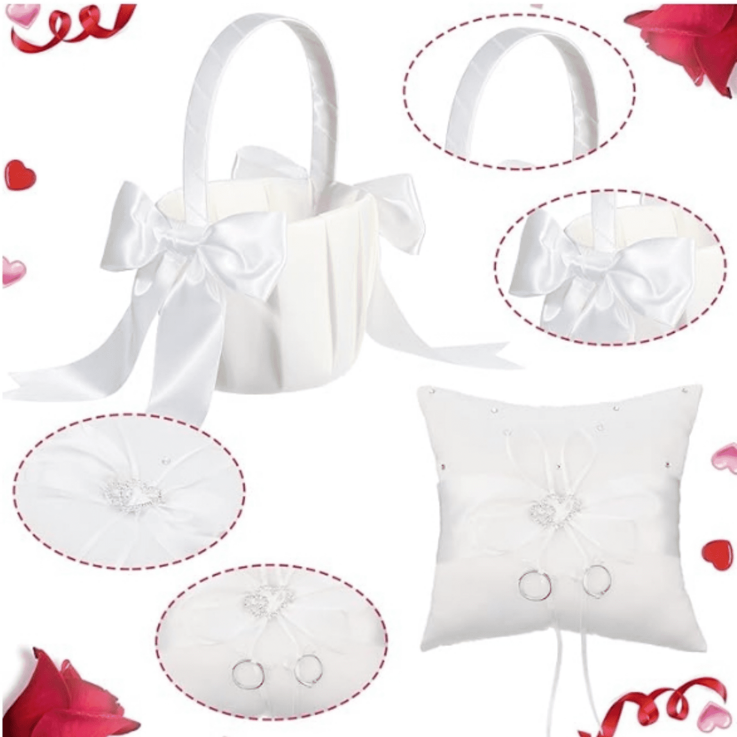 White Flower Girl Basket and Ring Bearer Pillow Set Rhinestones Satin Wedding Ring Pillow Wedding Flower Baskets for Wedding Gift Anniversary Celebrations Party D ration