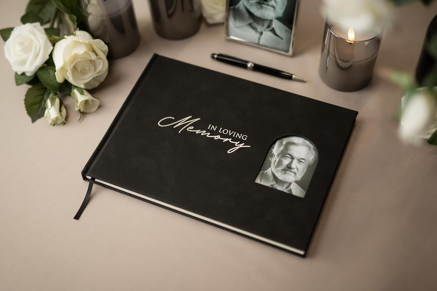 In Loving Memory Embossed Guest Book with Arched Photo Slot - Charcoal Black Leatherette PU Guestbook for Funeral Memorial