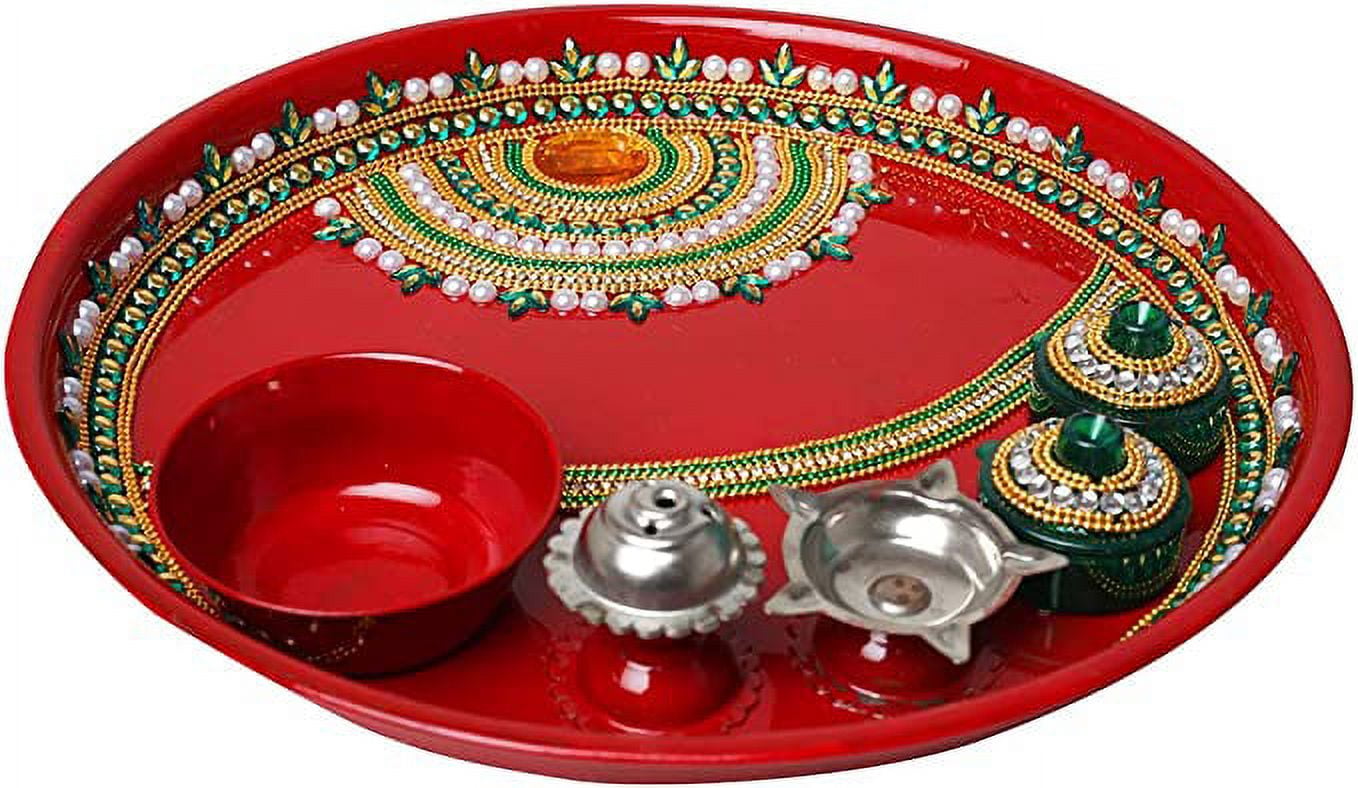 Handcrafted Red Pooja Thali Platter Engagement Plate Decorative Steel Thali with Essential Articles Attached ,for Aarti Pooja Rituals Festival Wedding Decorations &Gifting (Size- 9")