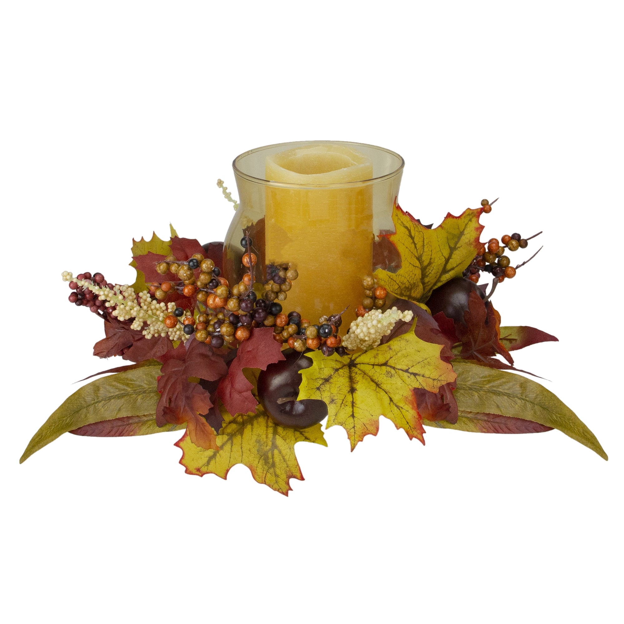 17" Autumn Harvest Apple and Berry Hurricane Glass Pillar Candle Holder