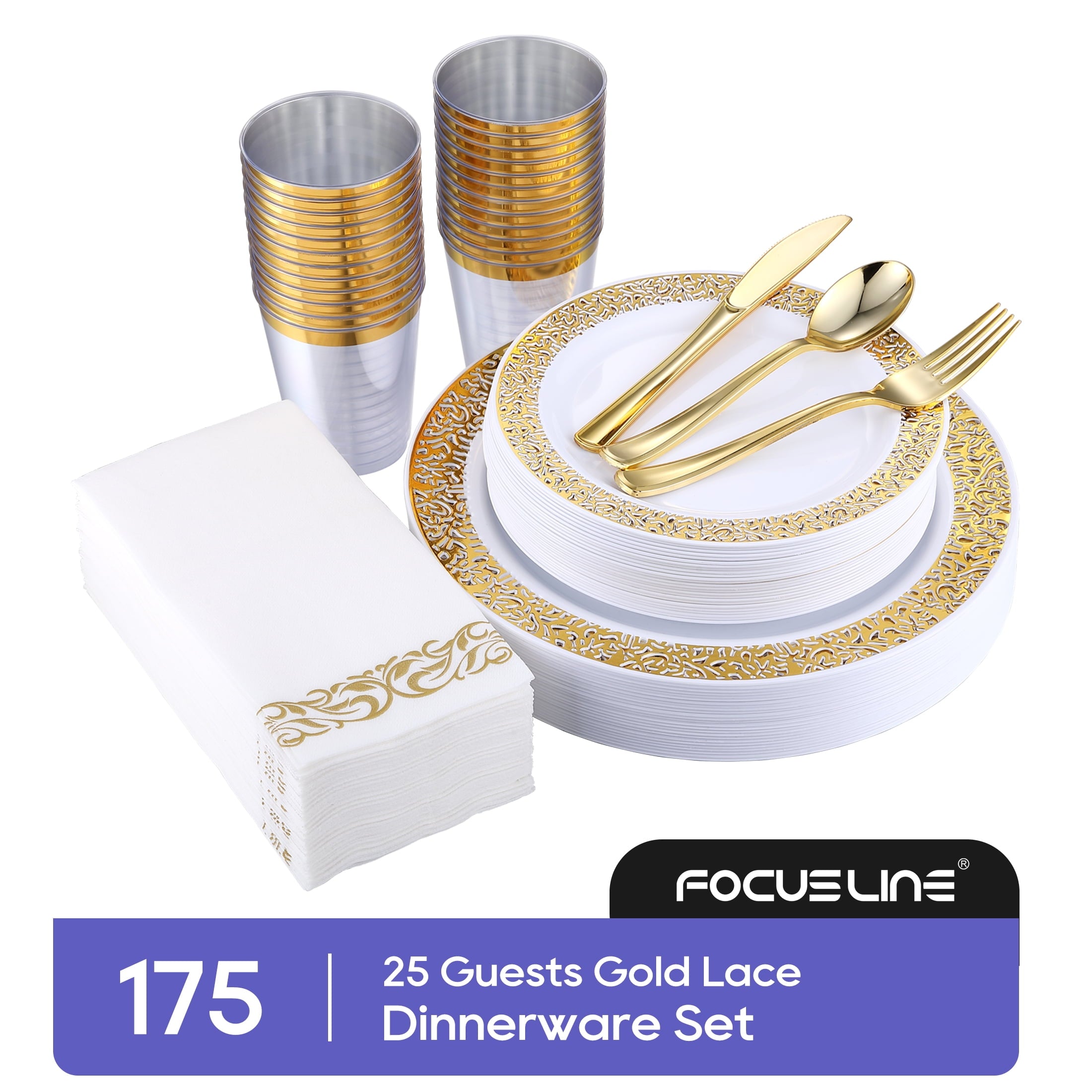 175 Piece Silver Dinnerware Set 25 Guest-50 Silver Lace Plastic Plates-25 Silver Plastic Silverware-25 Silver Plastic Cups-25 Linen Feel Silver Paper Napkins, FOCUSLINE Disposable Dinnerware Set