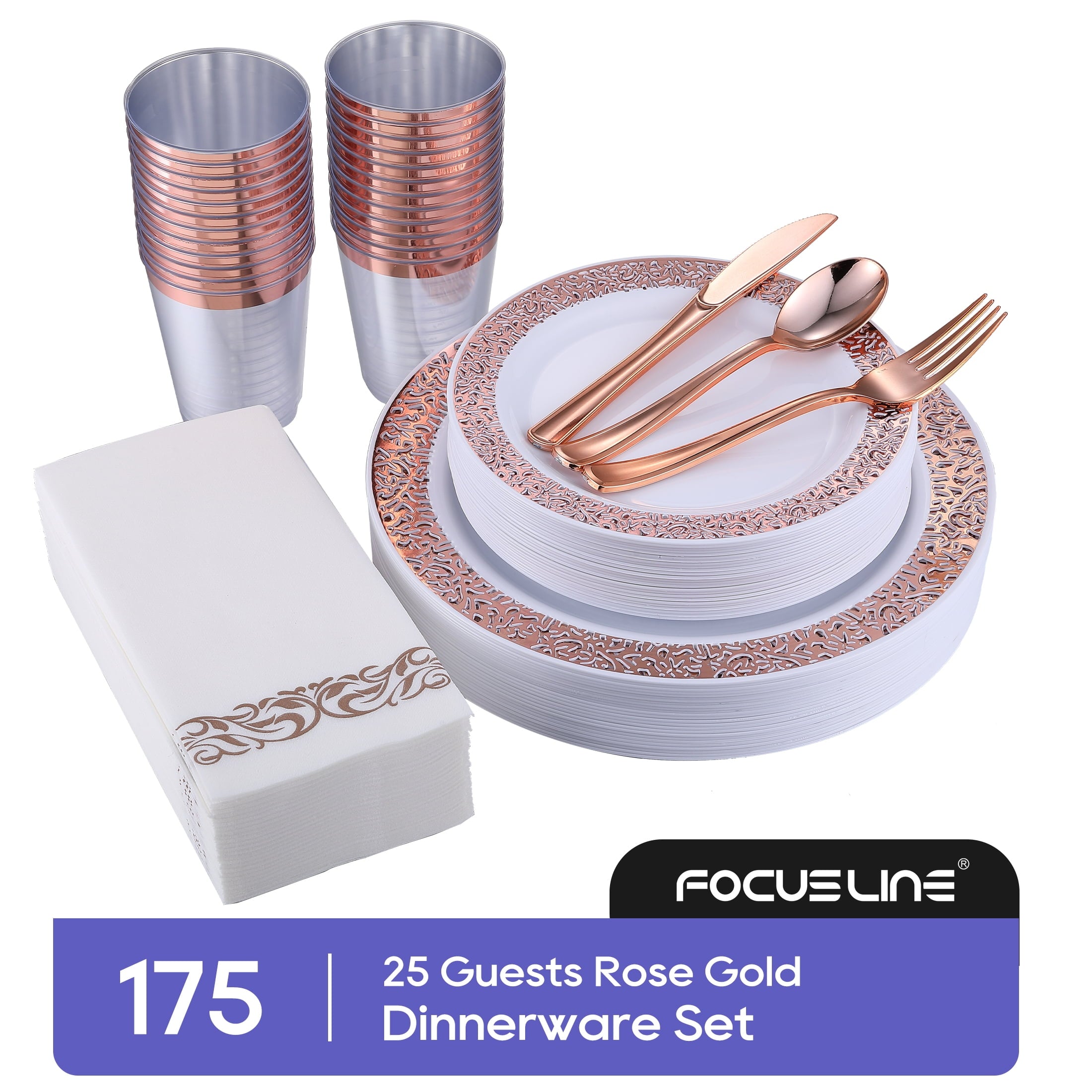 175 Piece Silver Dinnerware Set 25 Guest-50 Silver Lace Plastic Plates-25 Silver Plastic Silverware-25 Silver Plastic Cups-25 Linen Feel Silver Paper Napkins, FOCUSLINE Disposable Dinnerware Set