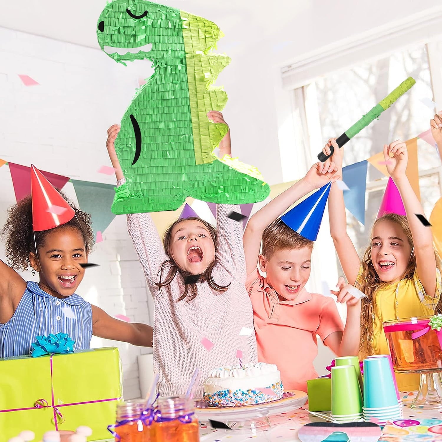 JBeeCtrl Dinosaur Pinata for Kids Birthday Party with Blindfold and Bat (17x13.4x3.5 Inches) Dinosaur Party Supplies Dino Pinata for Boys Kids