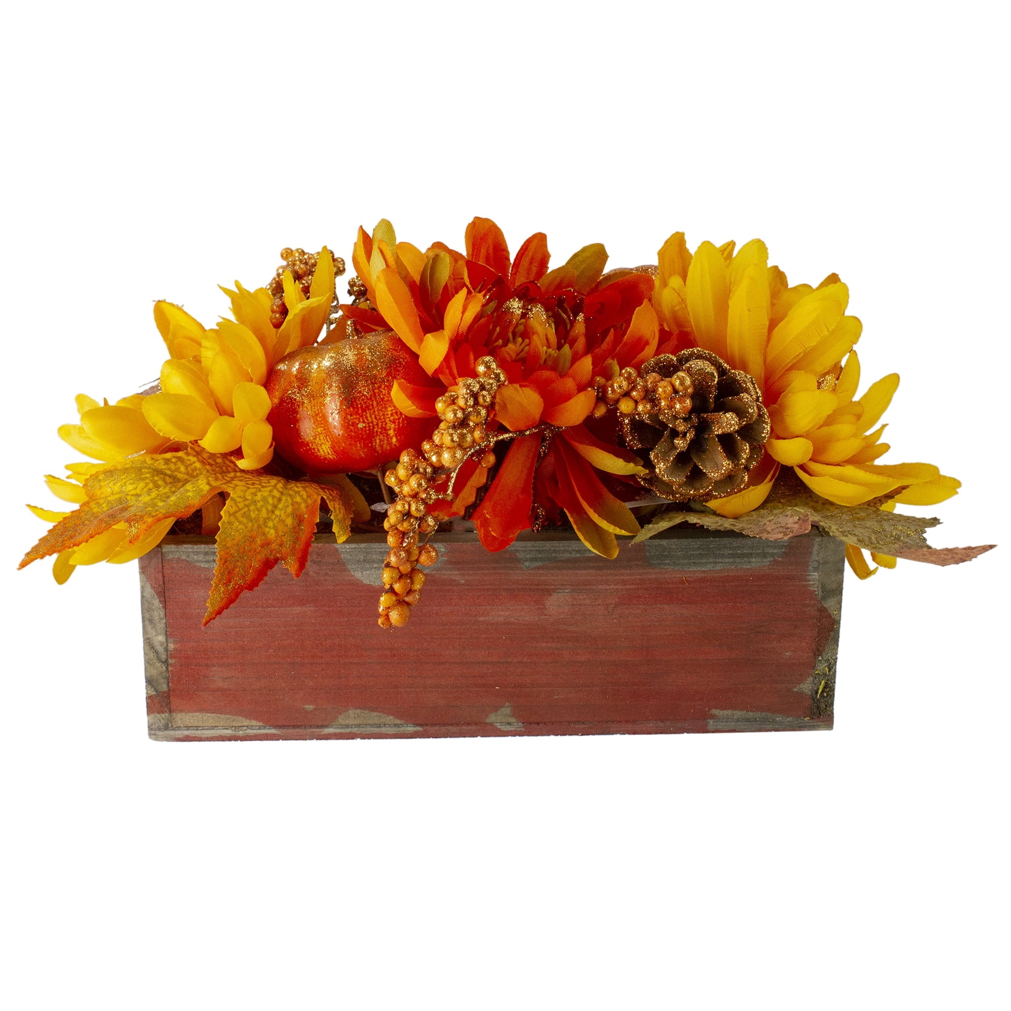 Northlight Autumn Harvest Glitter Floral Arrangement in Rustic Wooden Box Centerpiece - 14"