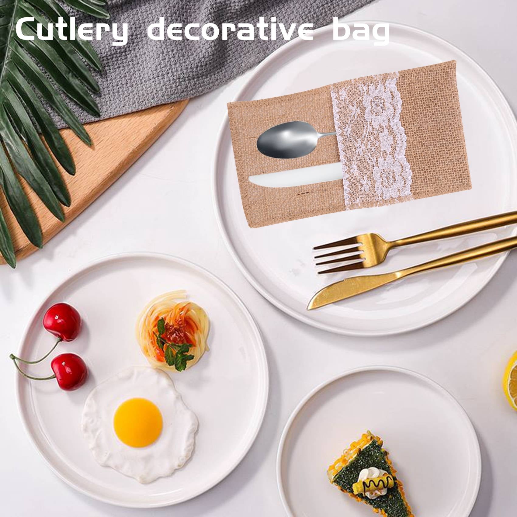 75Pcs Burlap Lace Cutlery Pouch Rustic Wedding Tableware Knife Fork Holder Bag Hessian Table Decoration Accessories