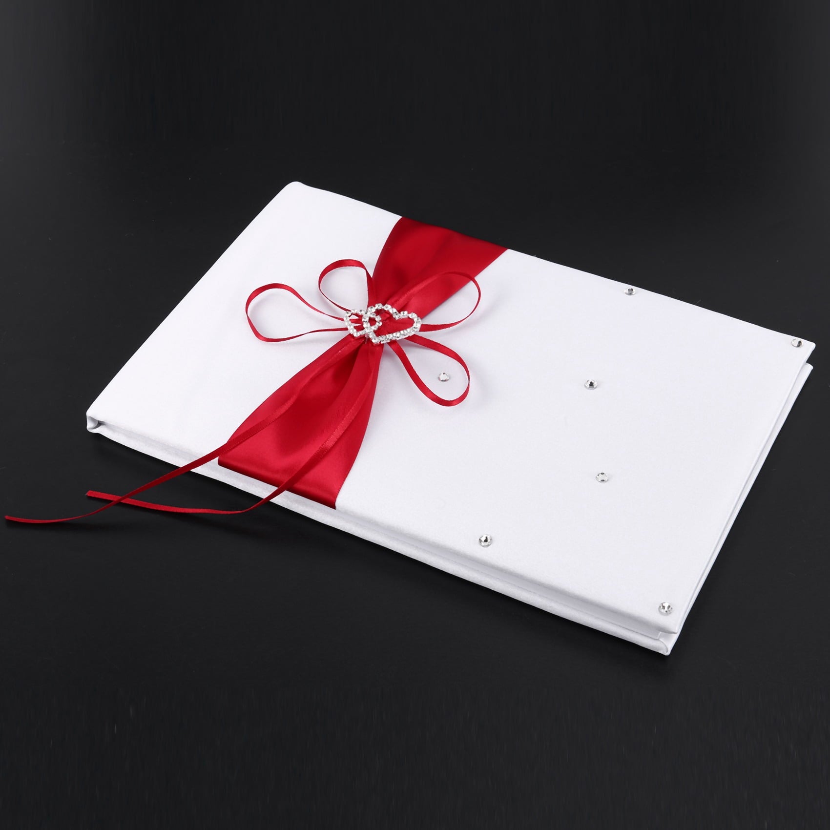 Wedding Guest Book With Pen Holder Sets Satin Bows Signature Book With Diamonds Love Shape For Decorations-Red+White