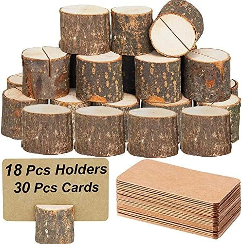 18Pcs Premium Wood Place Card Holders and 30Pcs Kraft Table Place Cards, Rustic Table Number Holders, Wood Photo Holders, Ideal for Wedding Party Table Name and More