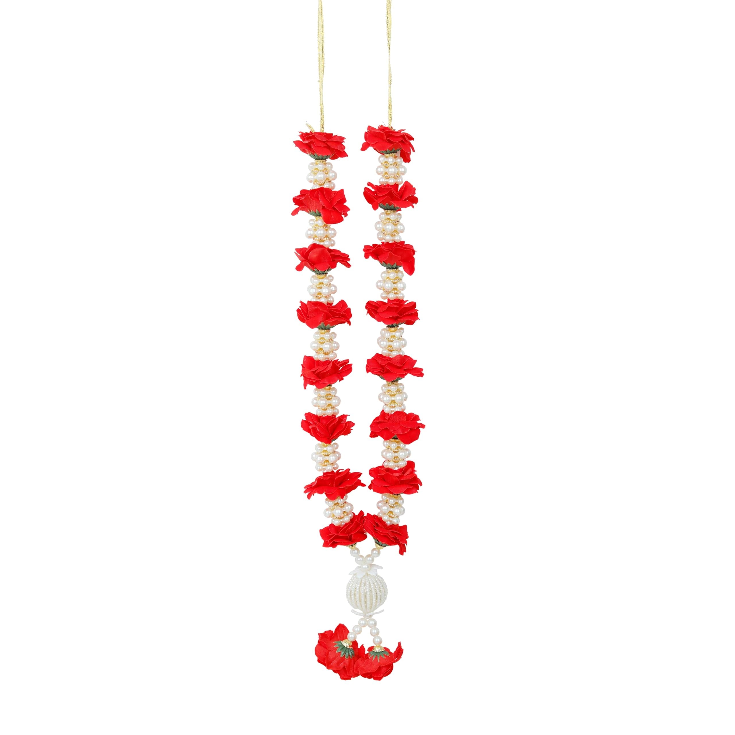 Artificial Mala Rose Flowers Ribbon Garland Haar Mala for Idol-Mala with Beads for God Statues Accessories Pooja Sringar Articles Ornament for Indian Traditional Festival Decoration(Size:-14")(Red)
