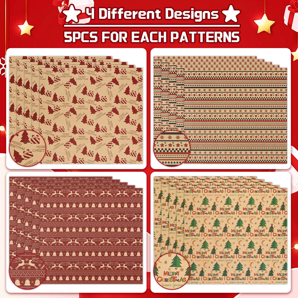 DAZLUTE 20 Sheets Christmas Wrapping Paper Red Snowflake/Xmas Tree Elk/Bell Printed Art Paper 27.6 x 19.7 Inch Xmas Folded Flat Gift Wrap Paper for Winter Holiday Birthday Party